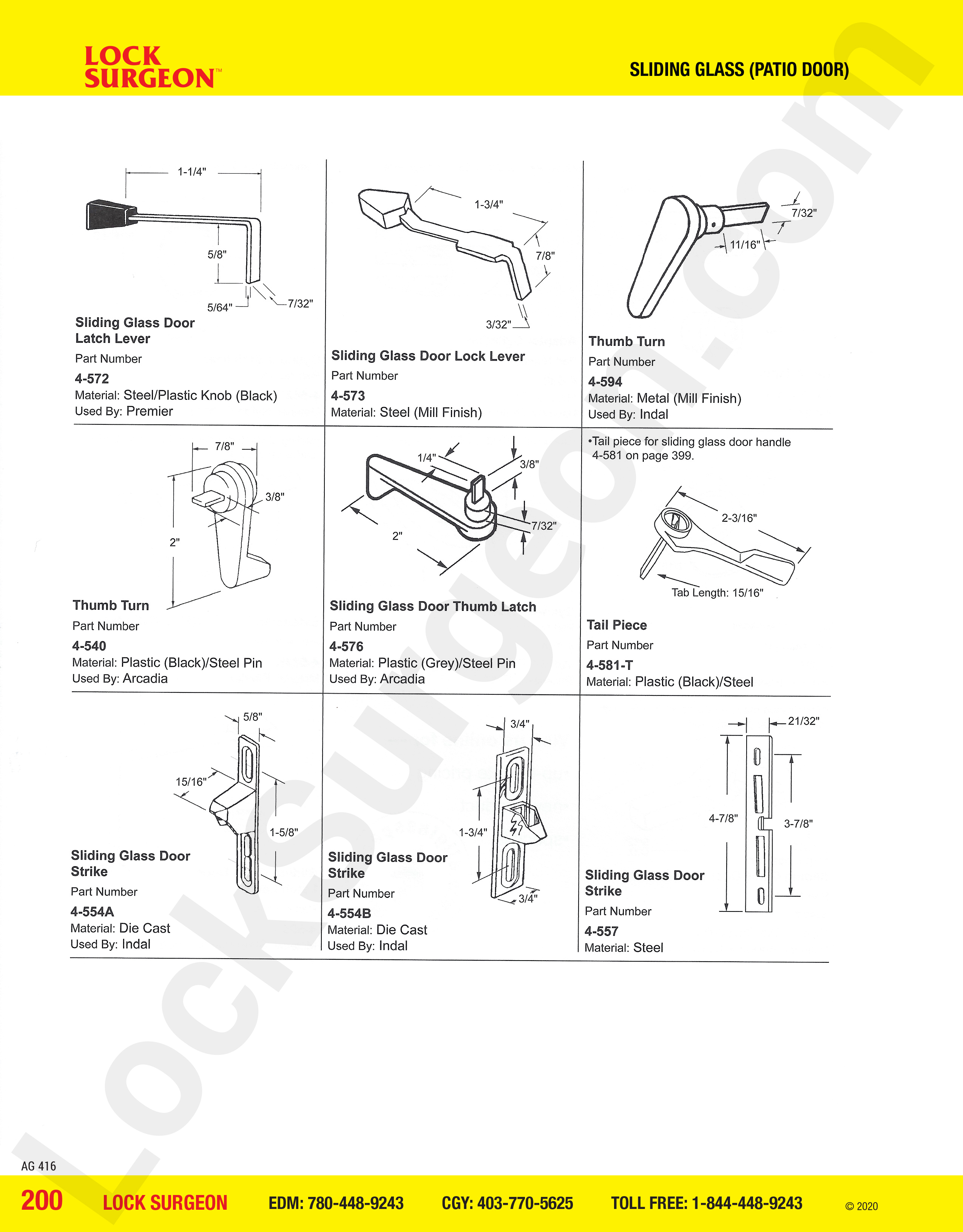 Sliding Glass Patio Door strikes, levers & turns, thumb-latches, tail pieces, door strikes.