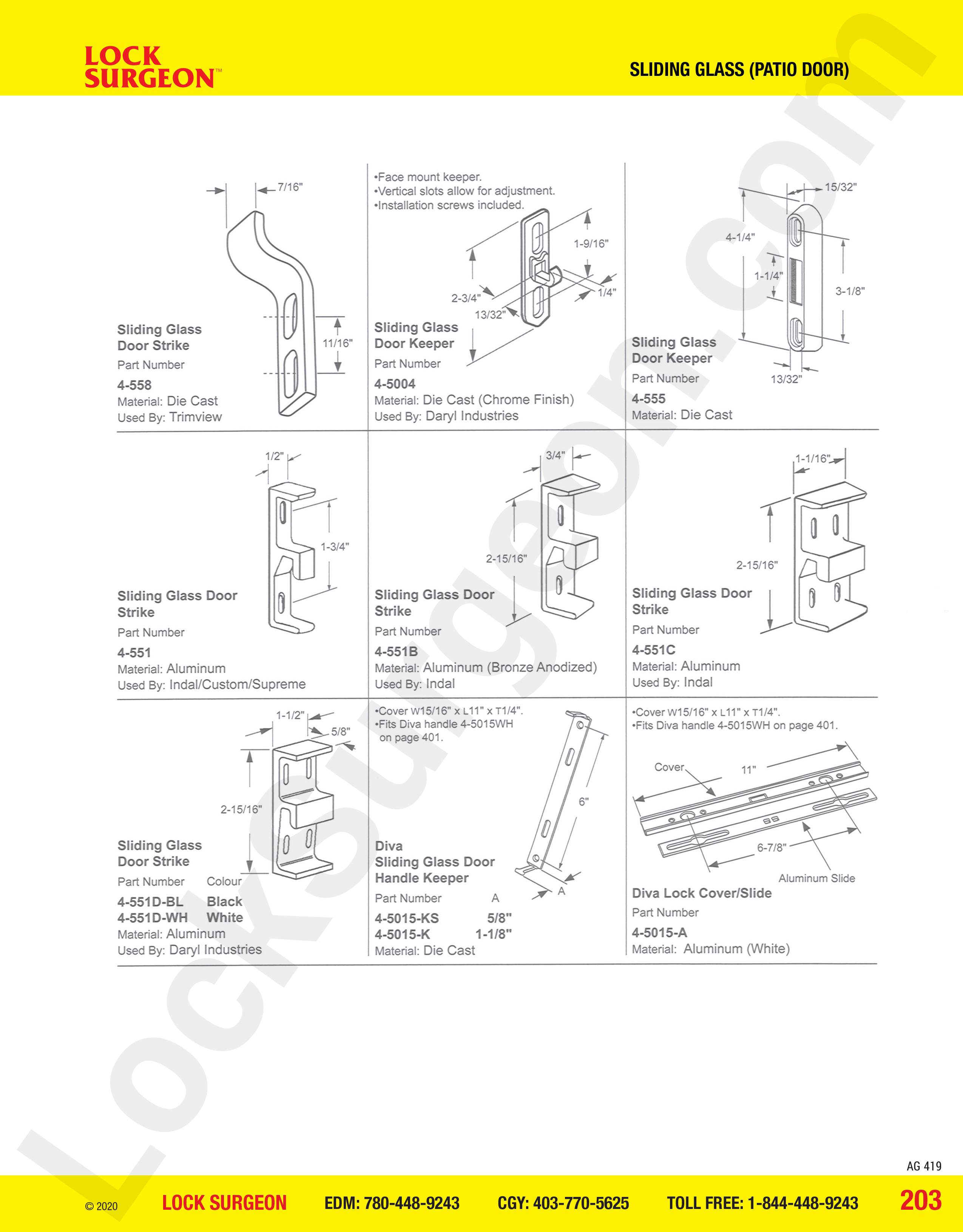 Sliding Glass Patio Door keepers & strikes for Trimview, Daryl Industries, Indal-Custom-Supreme.