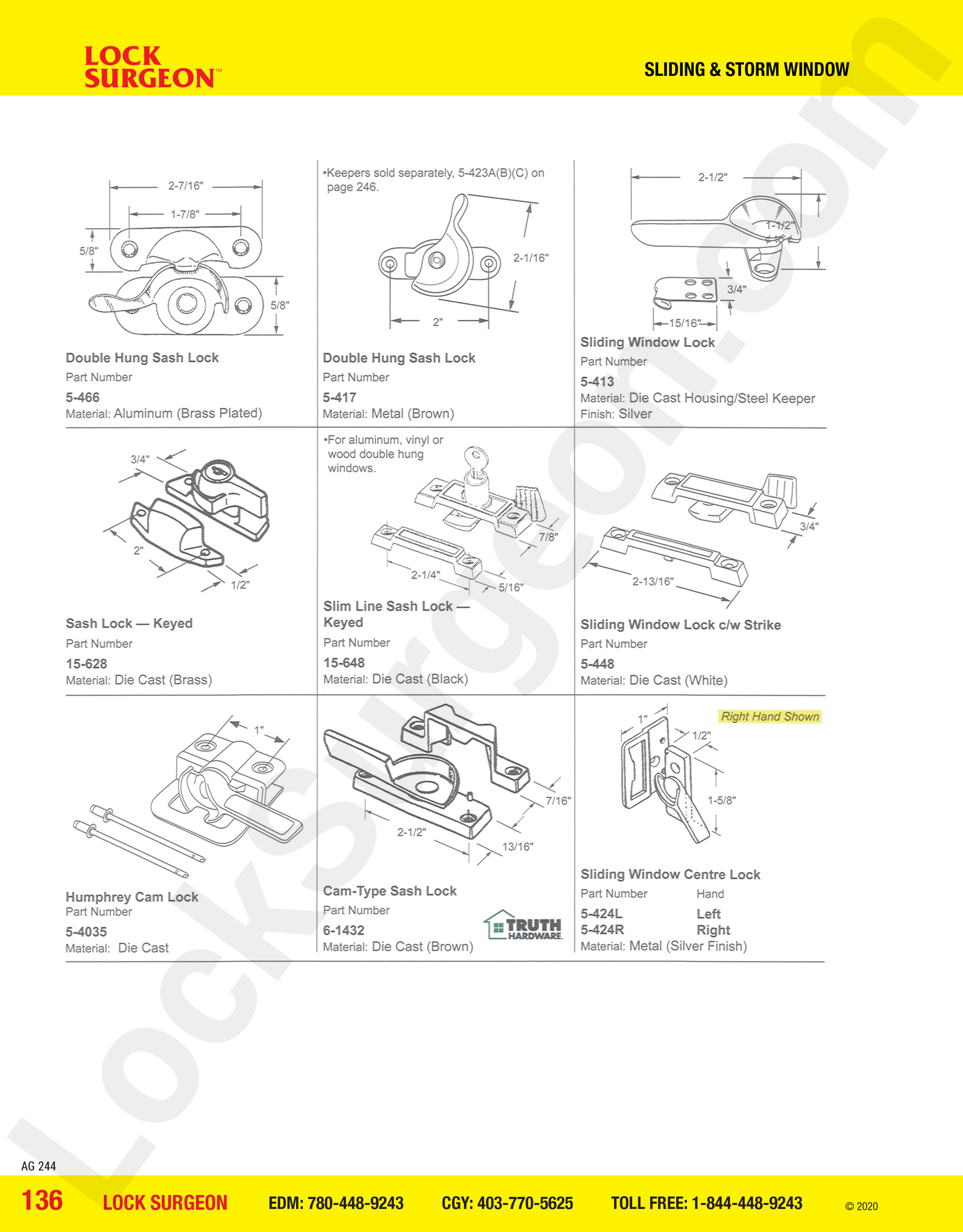 Sash cam & window locks for sliding & storm windows, double hung, slim line, centre lock & strikes.