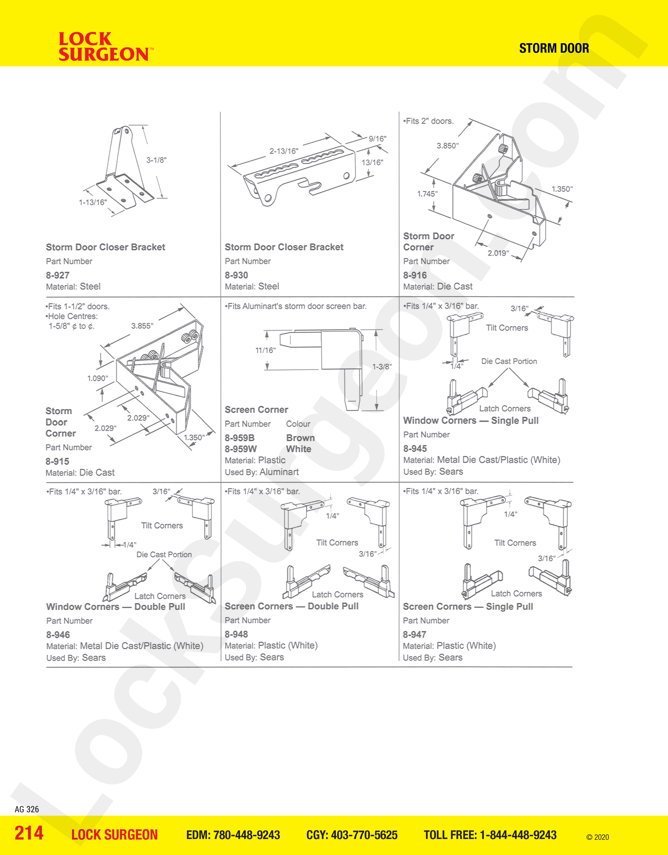 Lock Surgeon Storm Door brackets & corners for Sears & Aluminart brand in single and double pull.