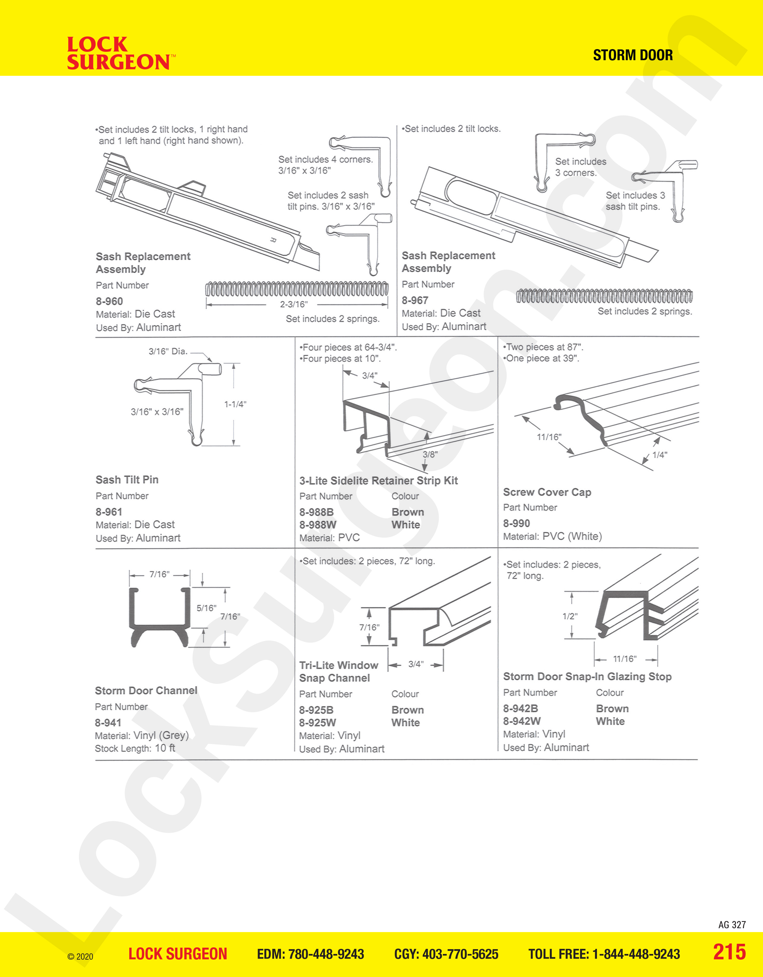 Edmonton South Lock Surgeon Storm Door miscellaneous parts sash tilts, replacement assemblies, caps.