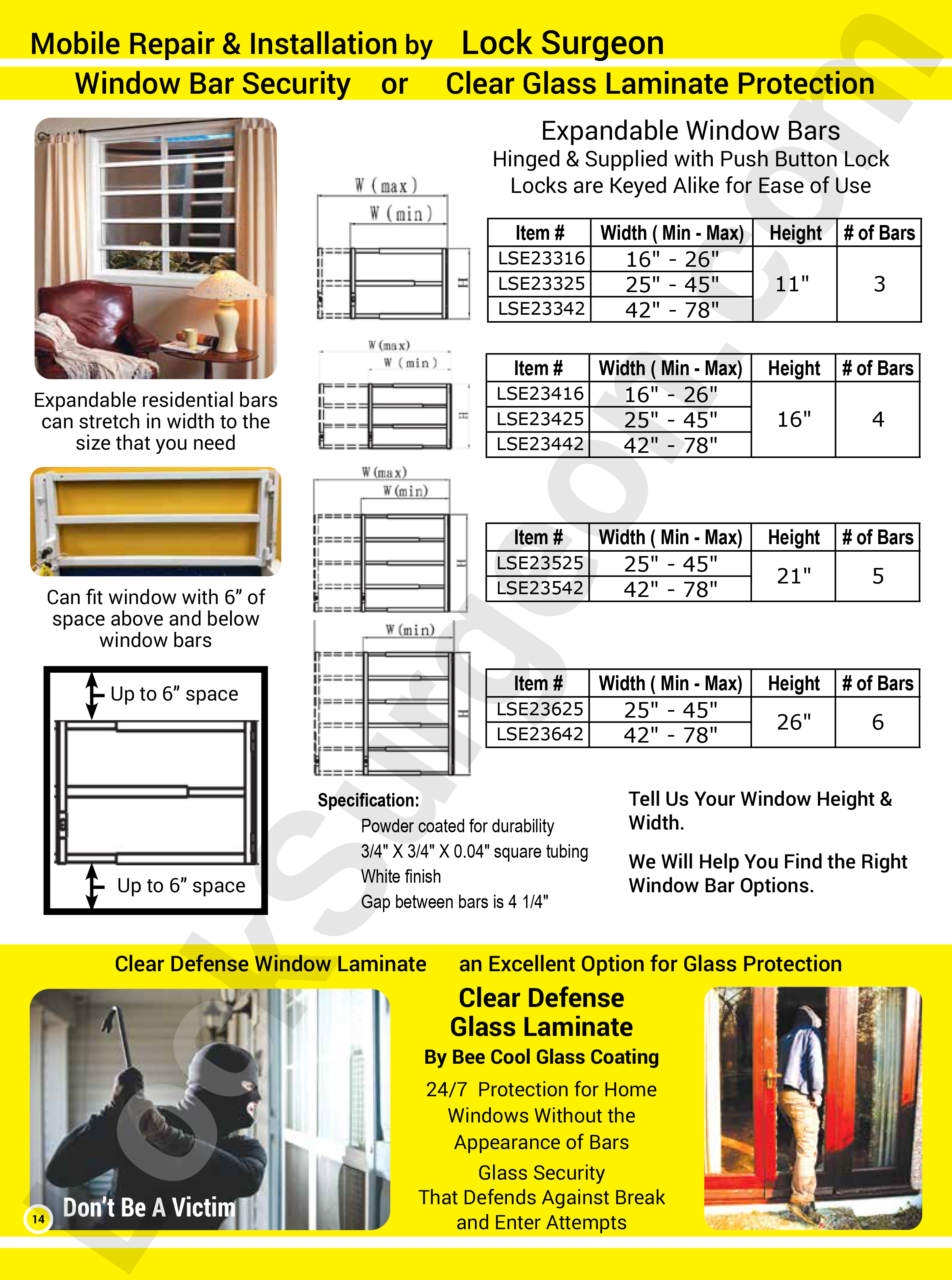 Lock Surgeon Edm South window bar security clear glass laminate protection for flat glass surfaces.