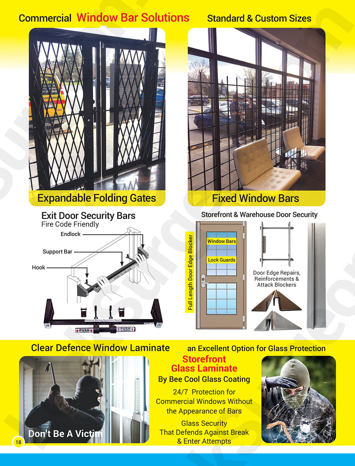 Commercial window bars, expandable folding gates, fixed window bars, exit door security bars.