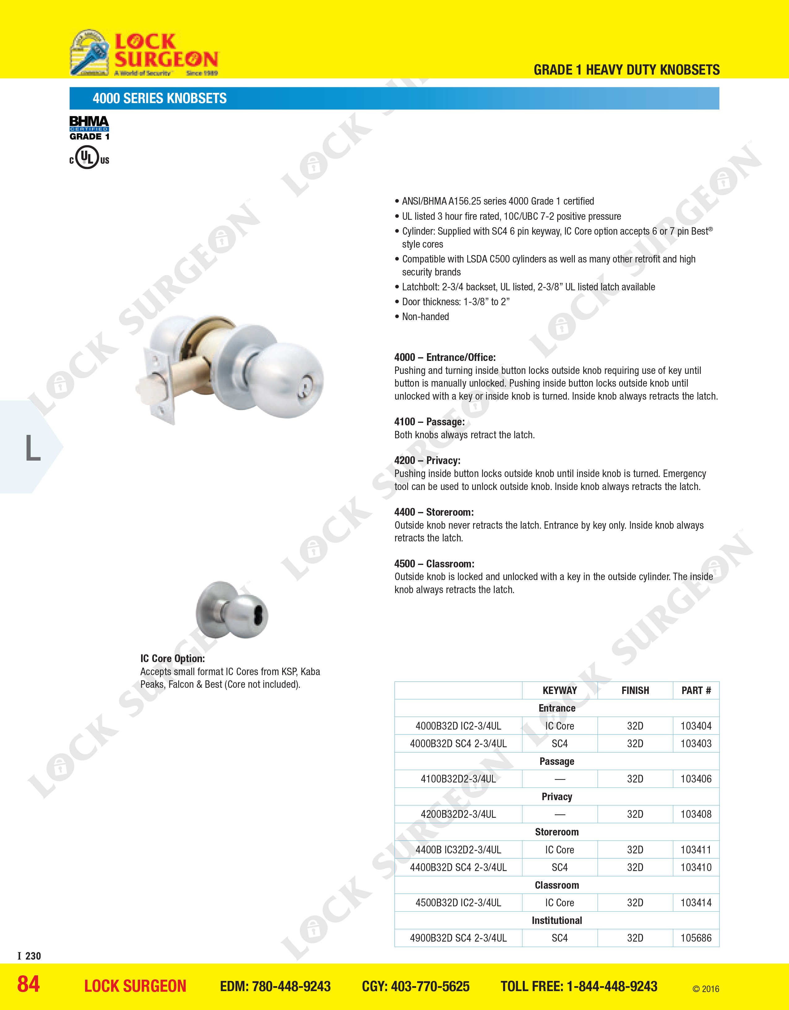 4000 series knob-set grade 1 heavy-duty supplied & installed by Lock Surgeon Edmonton South.