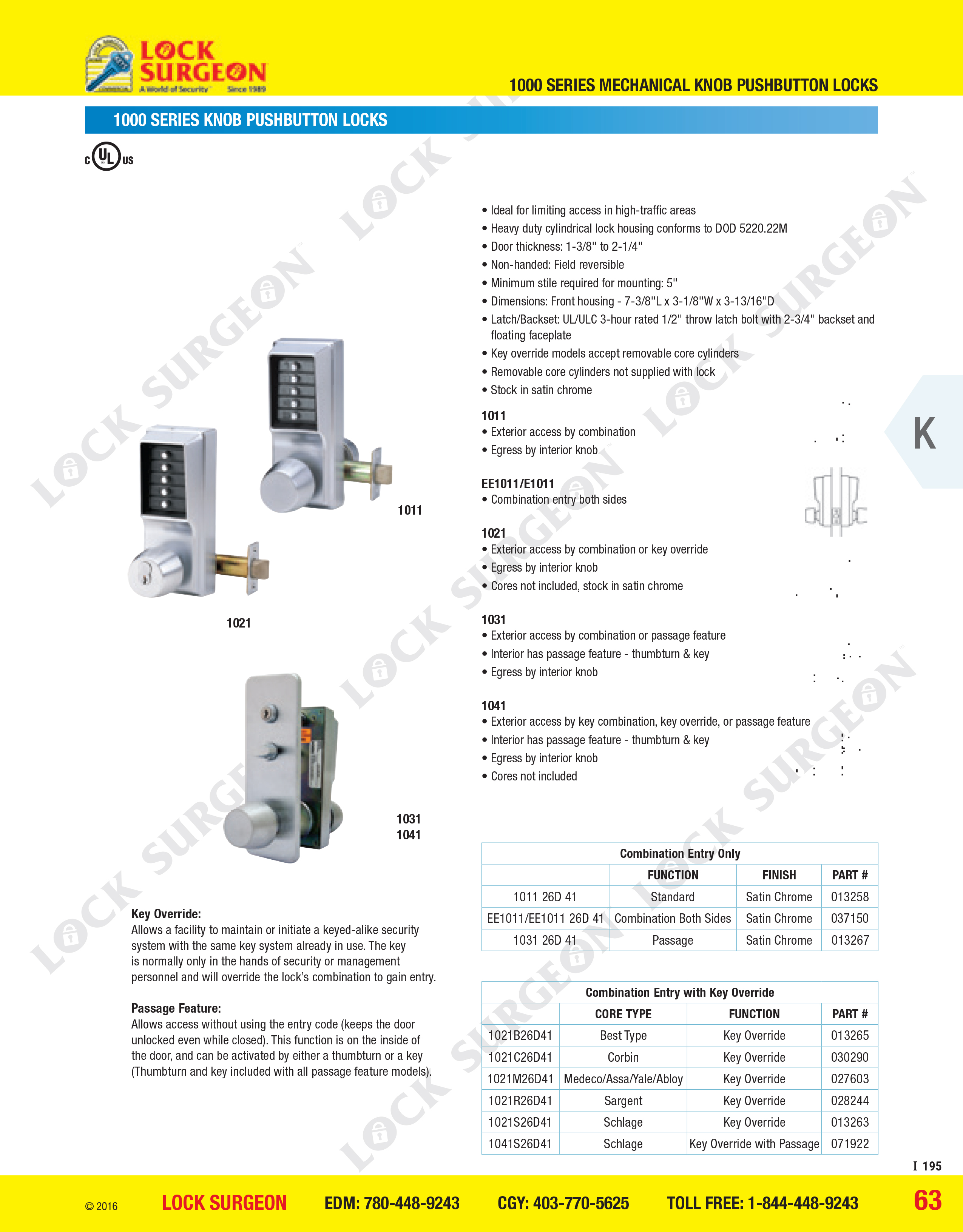 Kaba-Unican 1000 series knob push-button locks sold and installed by Lock Surgeon Edmonton South.