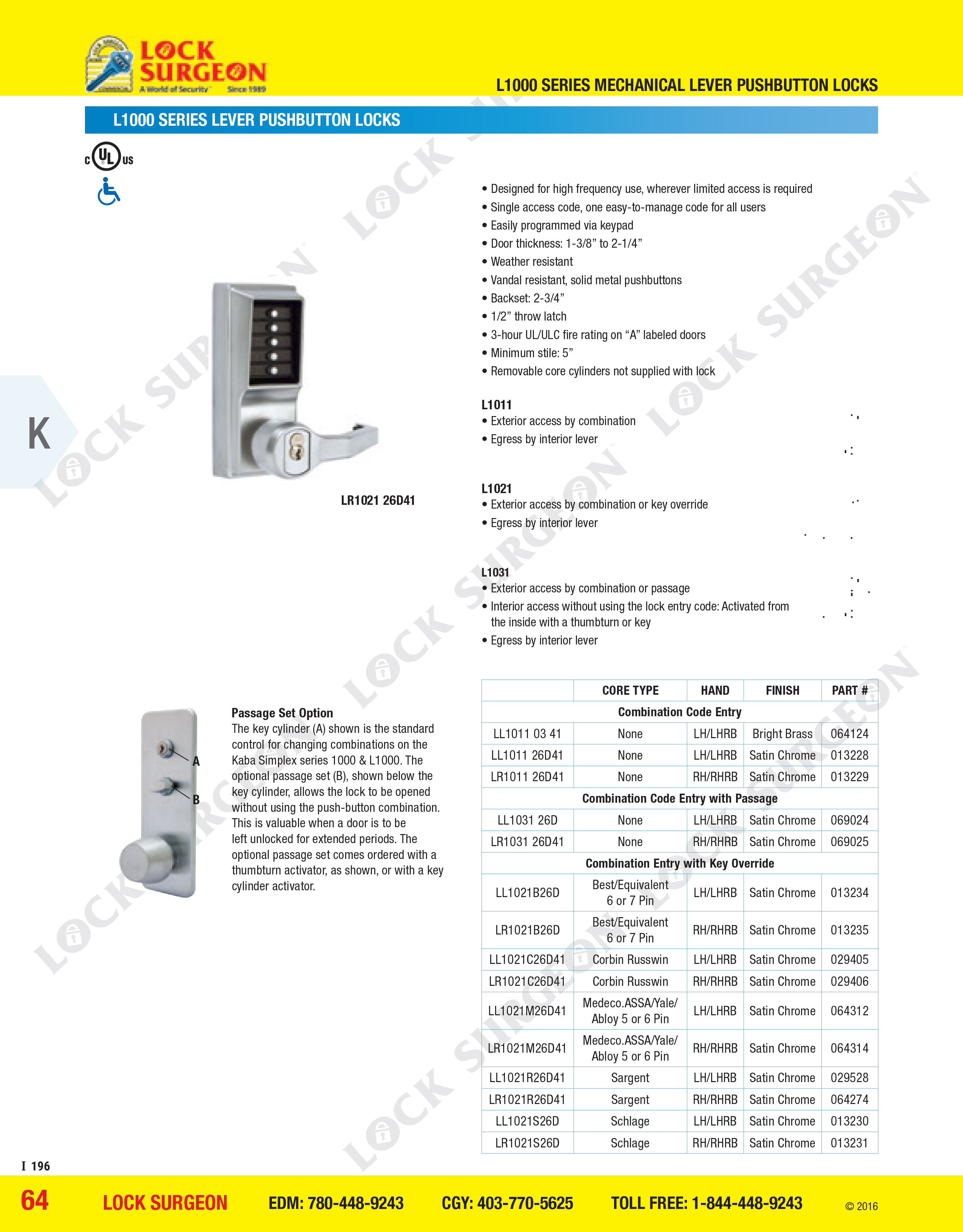 Lock Surgeon Edmonton South Kaba-Unican L-1000 Series mechanical Lever Push-button Locks