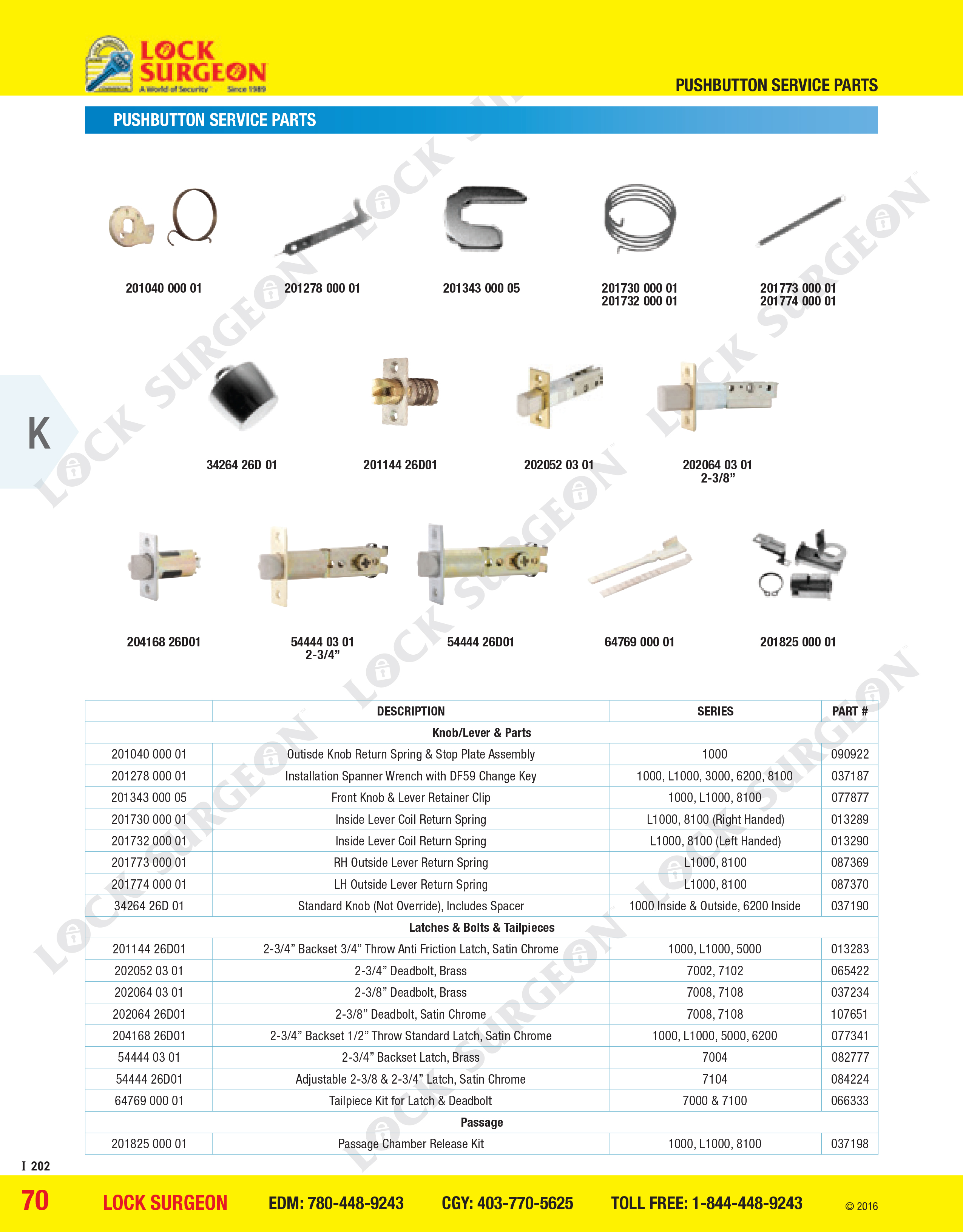 Knob lever latches bolts tail-pieces to repair & service Kaba unican push-button digital entry.