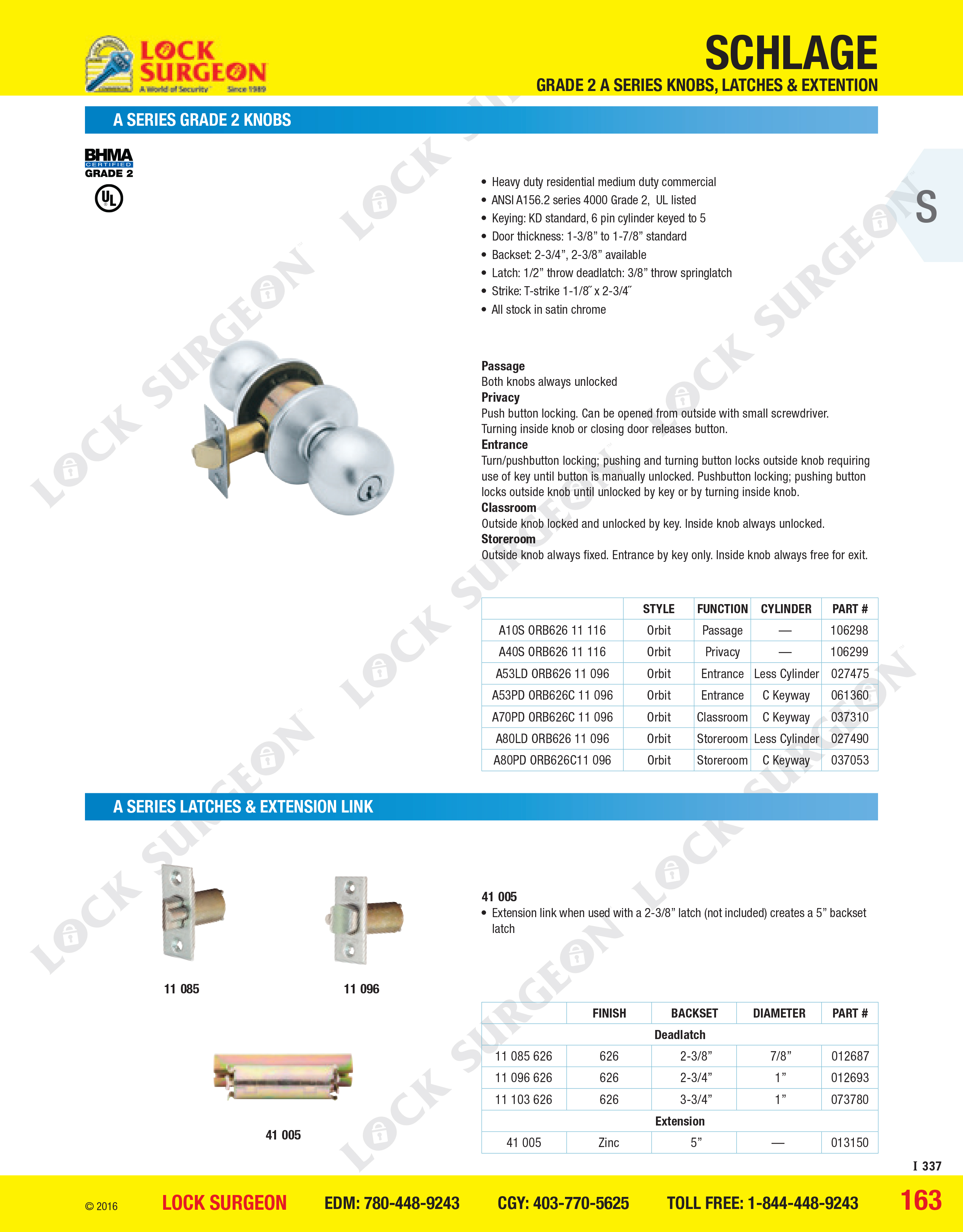 Lock Surgeon Orbit-style ball knob, available in passage, privacy, entrance, classroom & storerooms