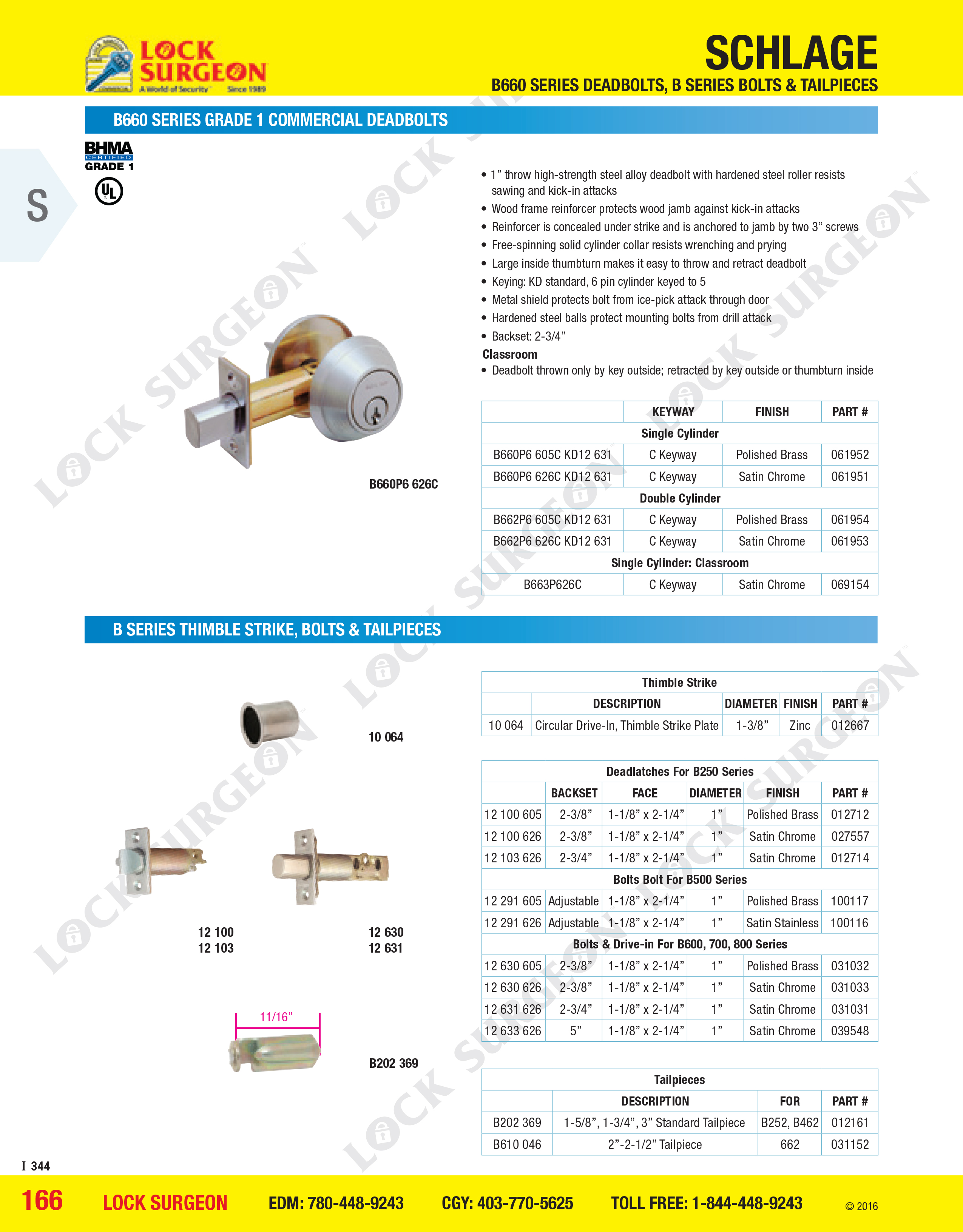 Lock Surgeon Schlage B660-series Grade 1 Deadbolt & B-series Thimble Strike, Bolts & Tailpieces.