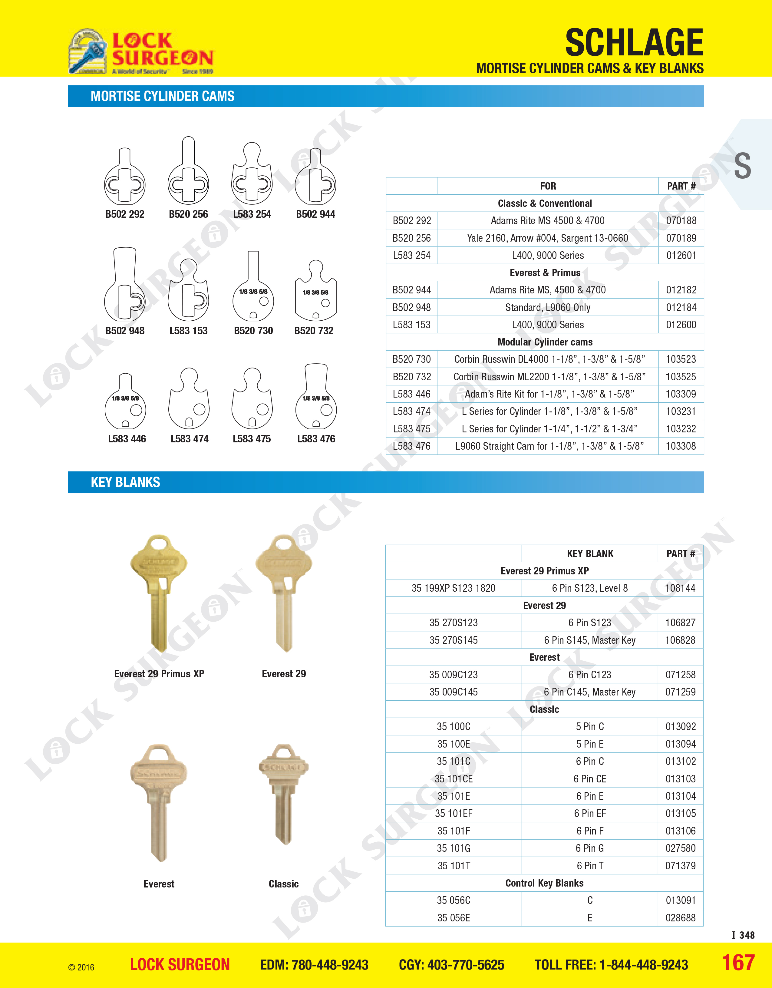 Mortise cylinder cams and key blanks supplied & installed by Lock Surgeon Edmonton south.