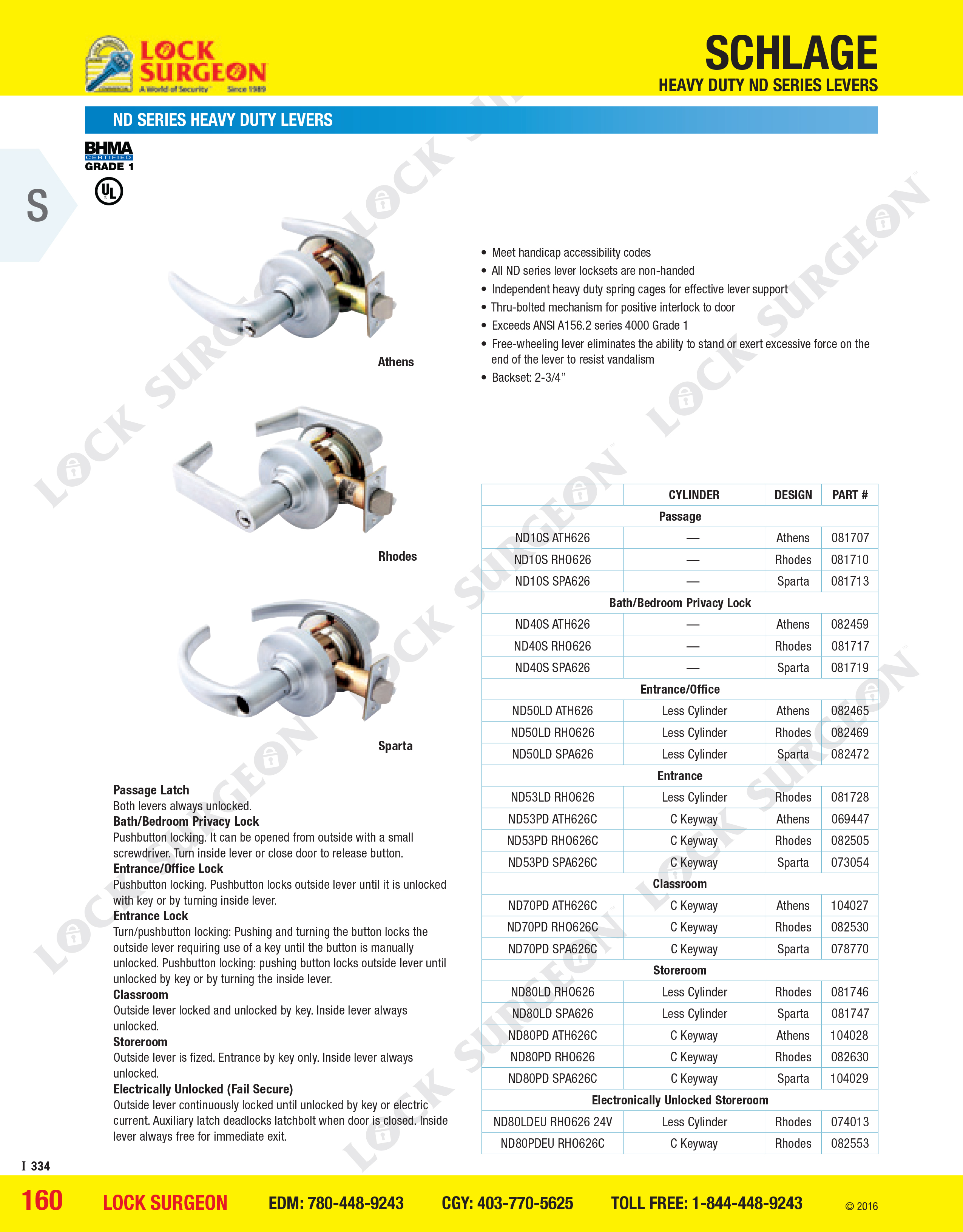 Lock Surgeon Edmonton South supply & install Schlage ND series heavy-duty commercial lever grade 1.