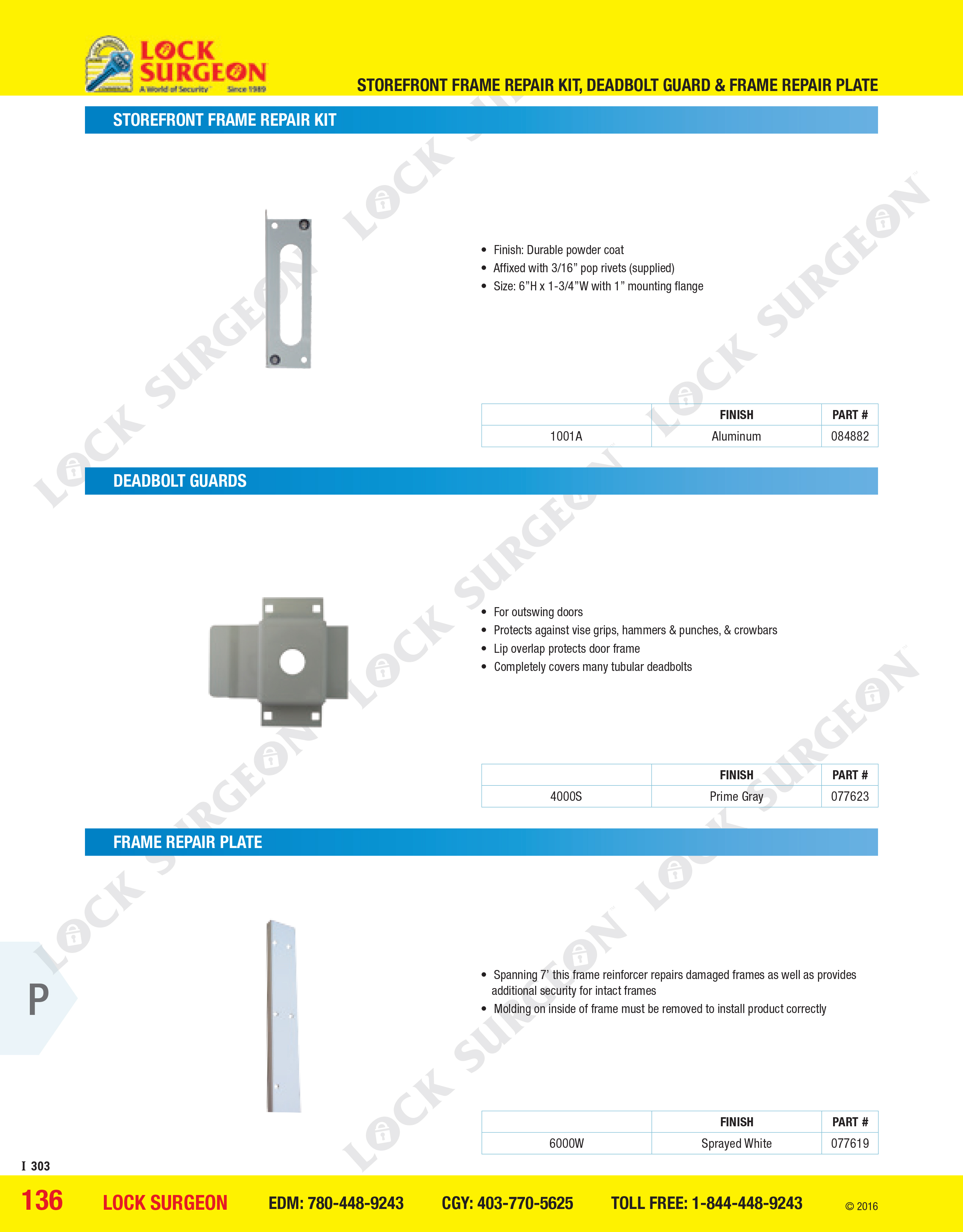 Lock Surgeon sell storefront frame repair kit deadbolt guard & frame repair plates Edmonton South.