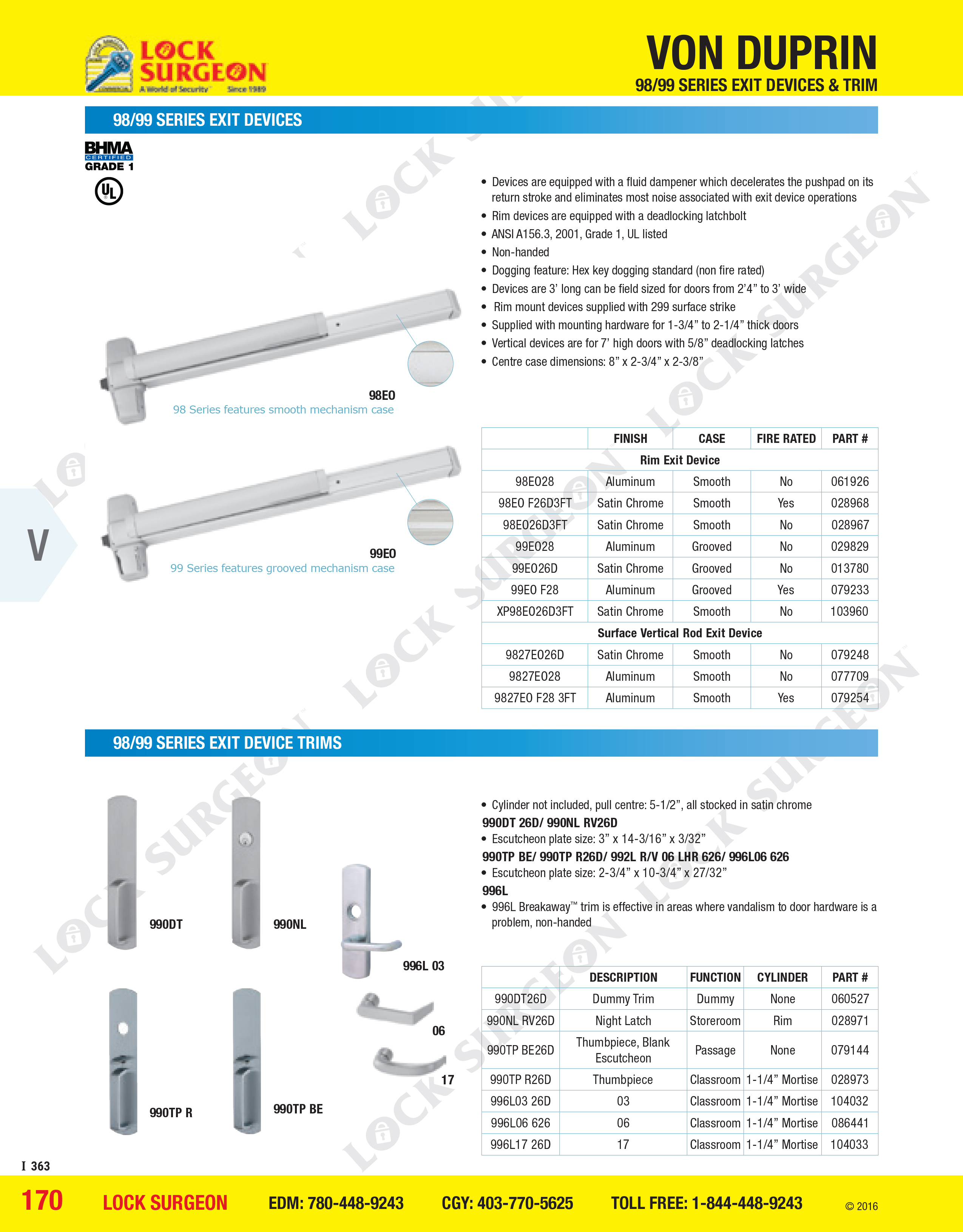 Von Duprin 98 & 99 Series Grade 1 Panic bar exit device and trim sold at Lock Surgeon Edmonton South