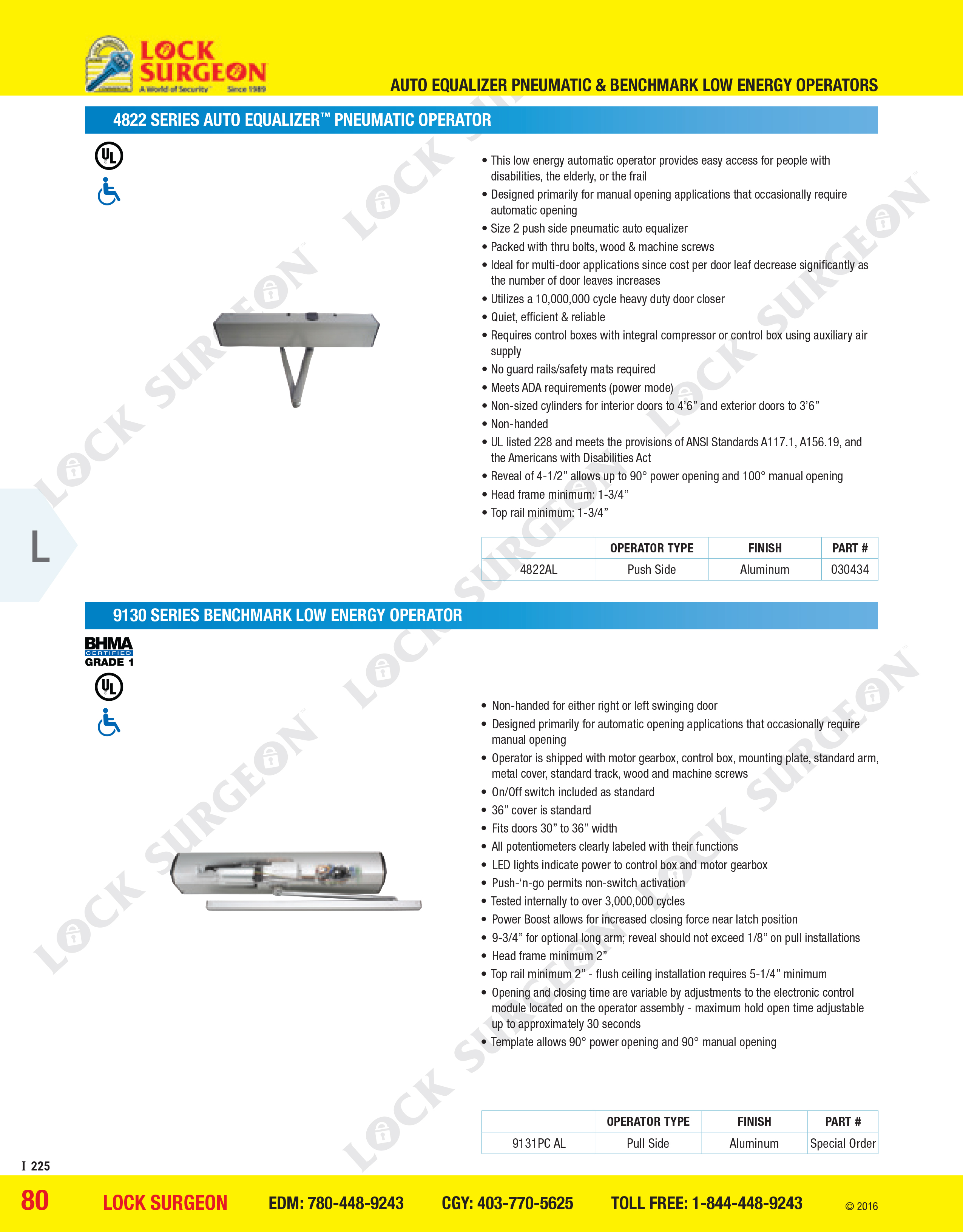 4822 series Auto Equalizer pneumatic operator 9130series benchmark low energy operator Lock Surgeon.