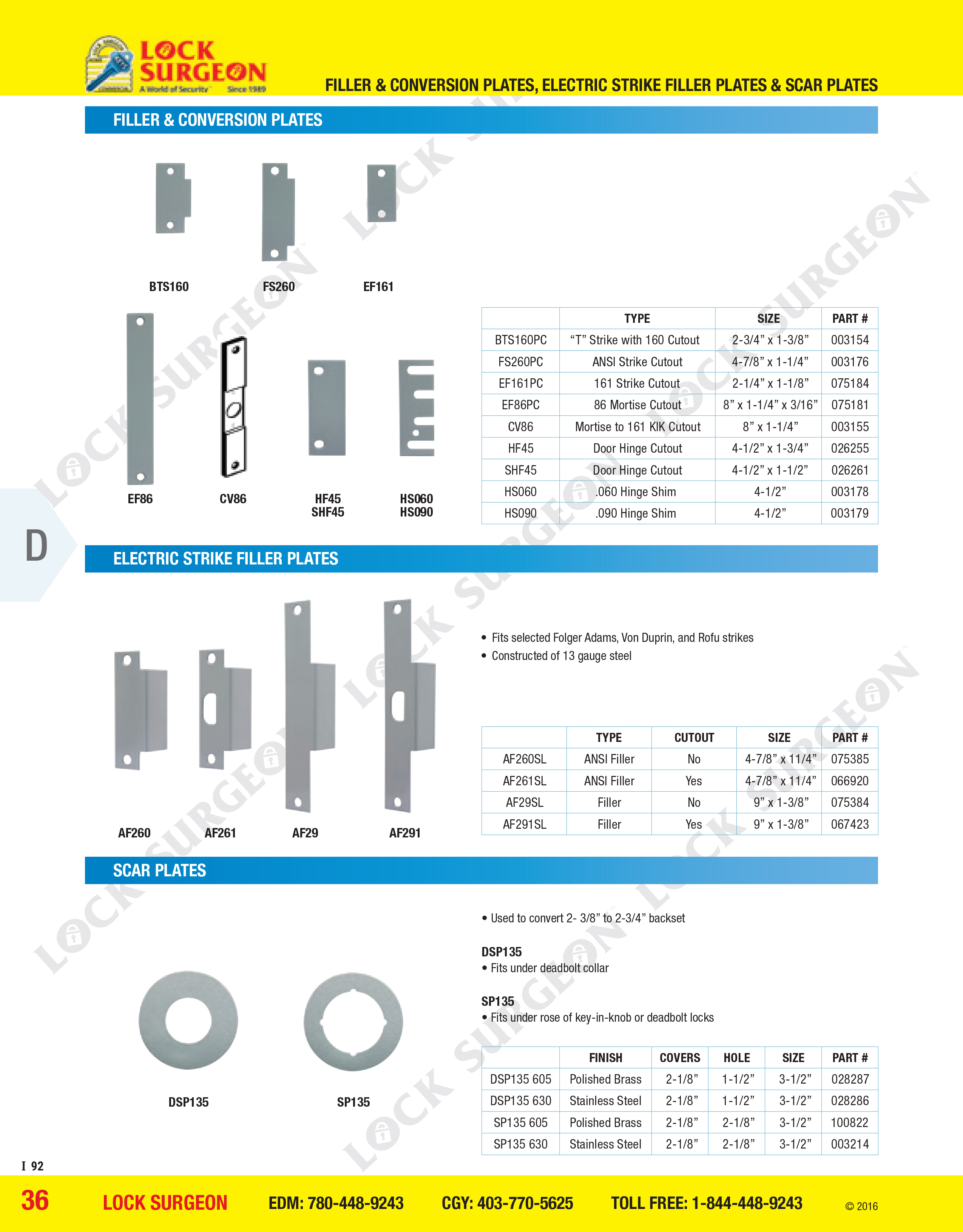 Don-Jo Filler & conversion plates, electric strike filler plates and scar plates Lock Surgeon.
