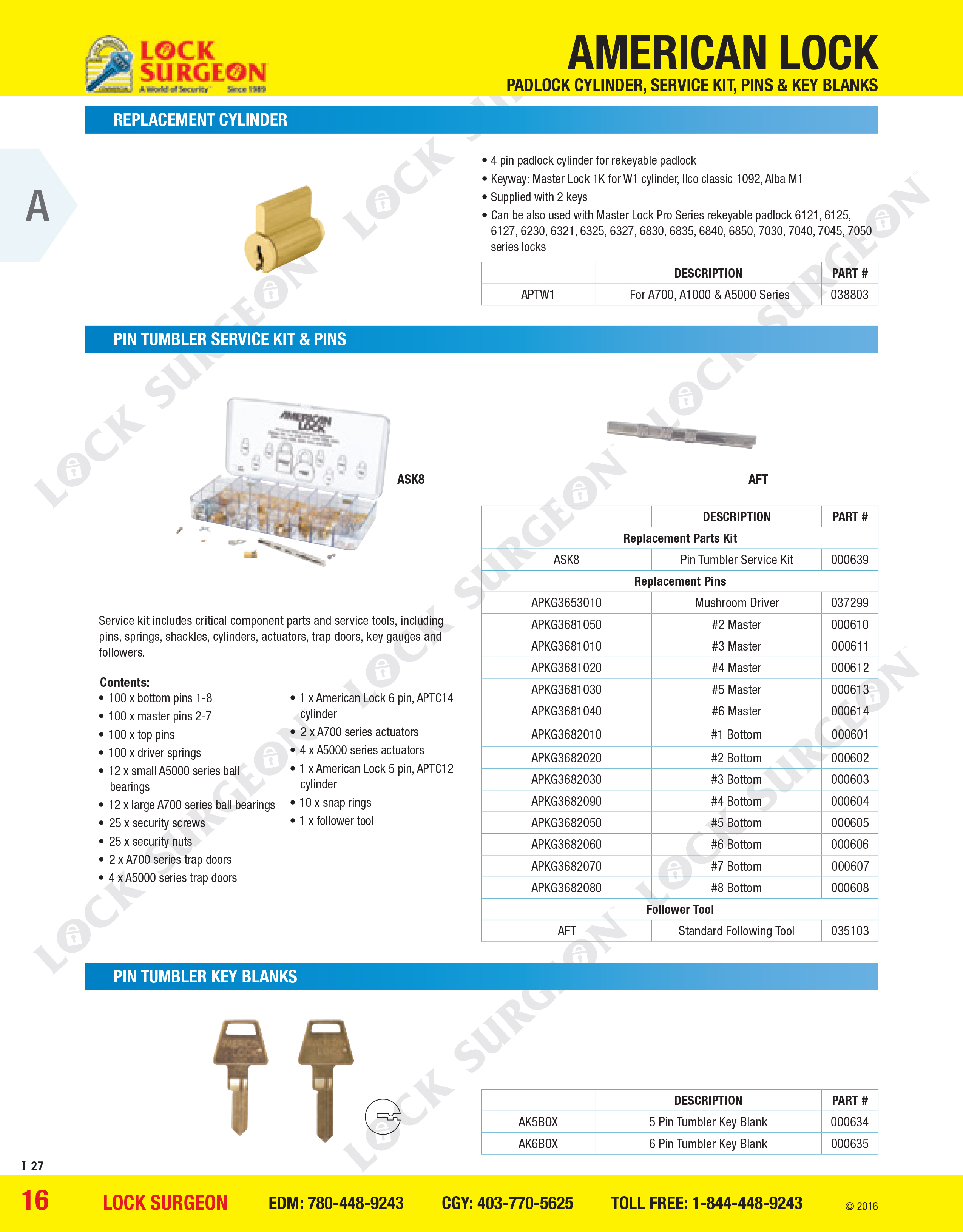 Lock Surgeon Edmonton South American Lock padlock cylinders service kit pins & key blanks.