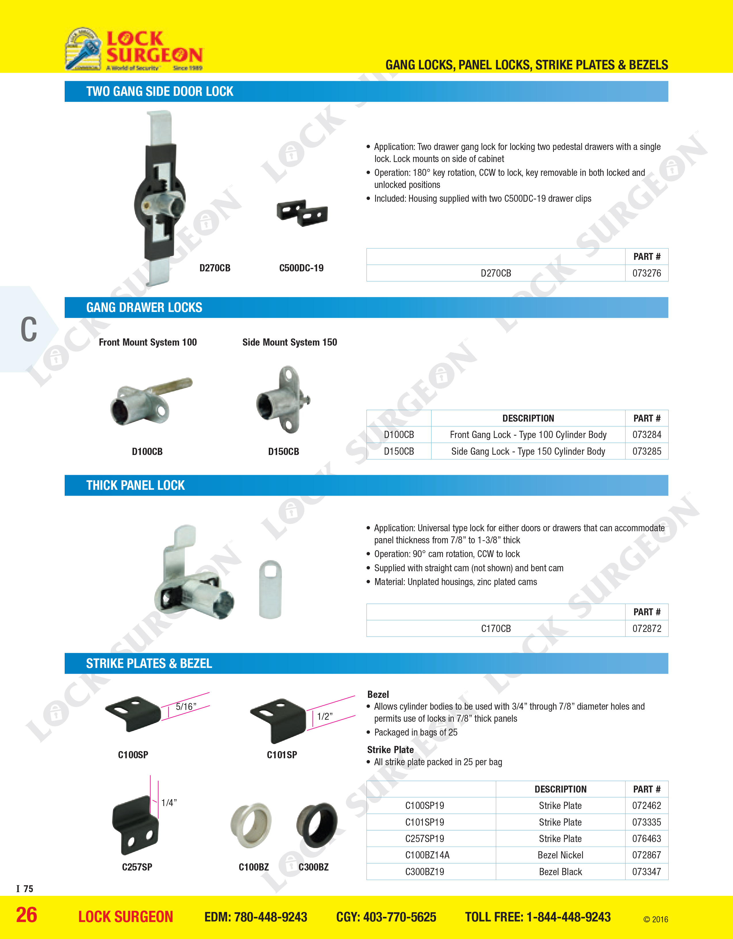 Two gang side door lock, gang drawer locks, thick panel lock, strike plates and bezel Lock Surgeon.