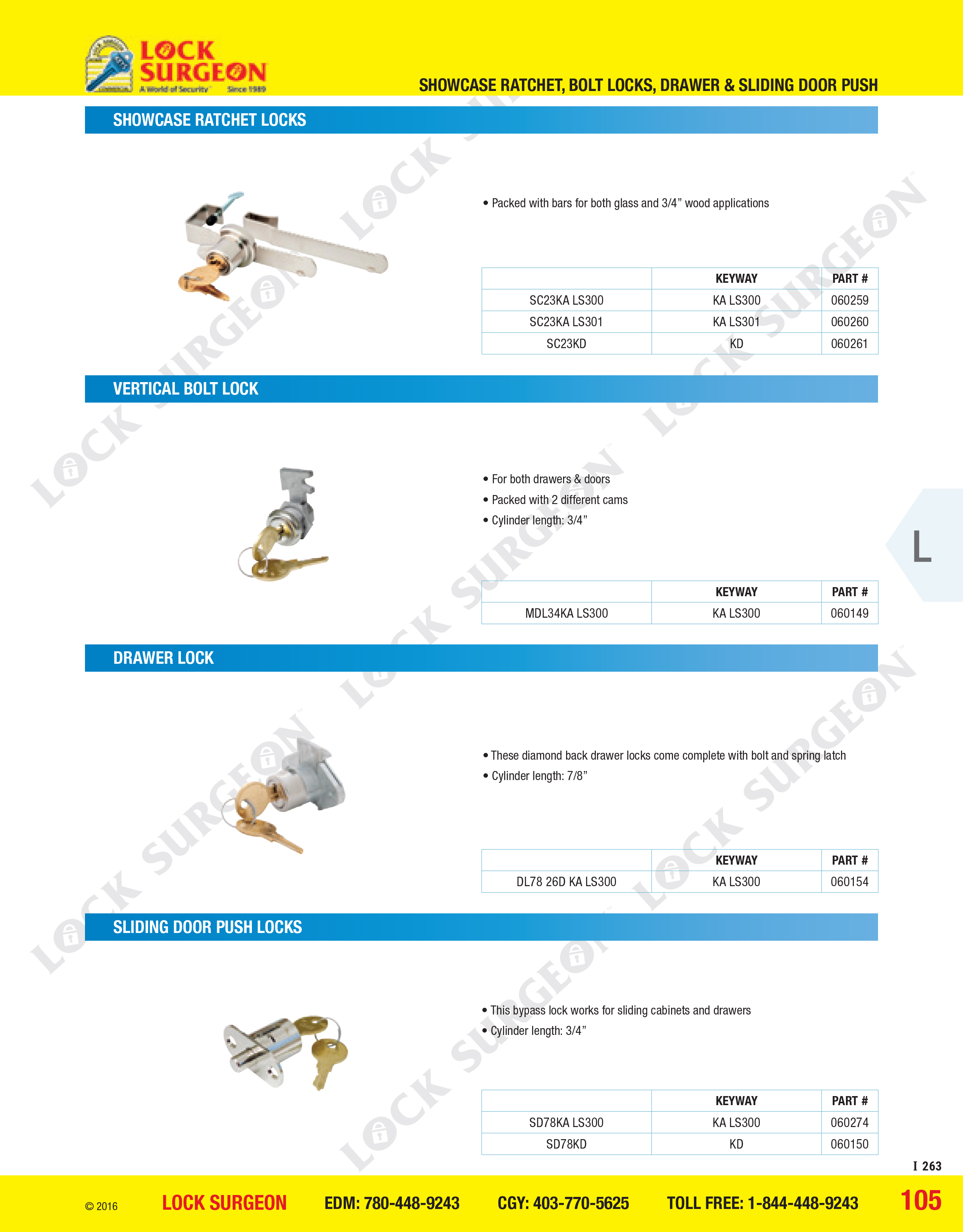 Showcase ratchet locks, vertical bolt lock, drawer lock, sliding door push locks Lock Surgeon.