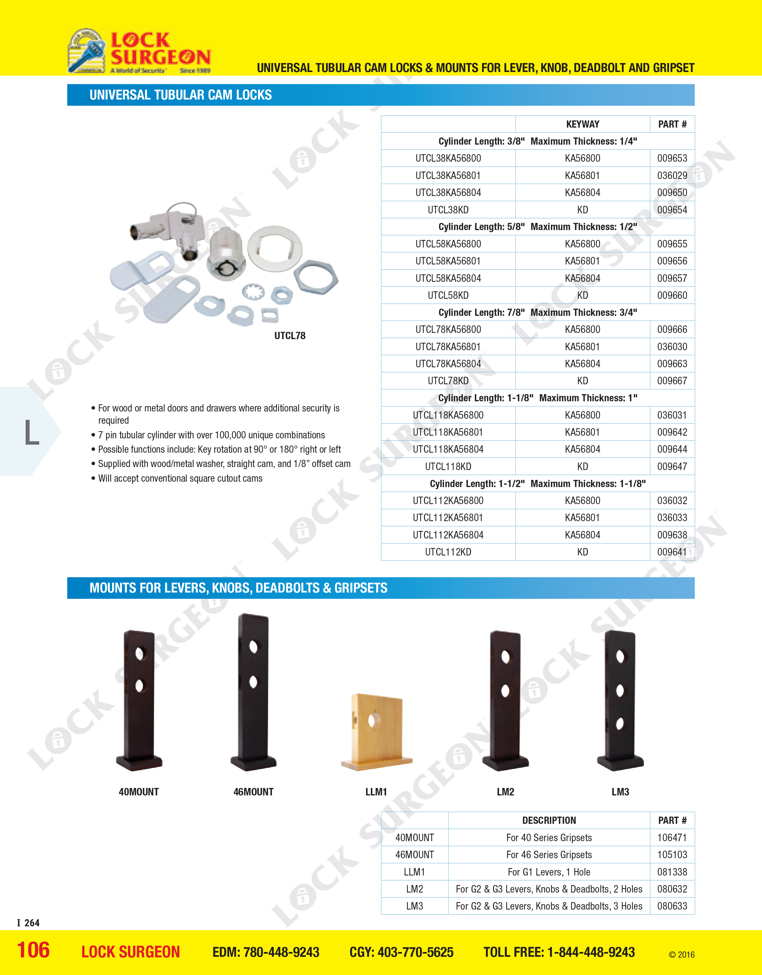 Lock Surgeon Edmonton Universal tubular cam locks, mounts for levers, knobs, deadbolts and gripsets.