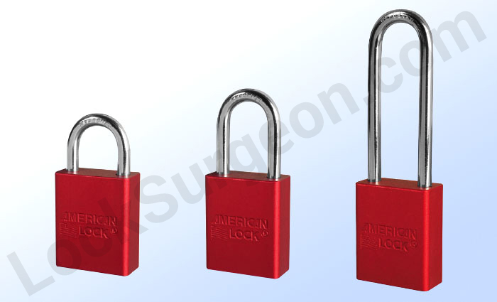 American Lock Padlock series A3100 at Lock Surgeon Edmonton South comes in three shackle lengths, red.
