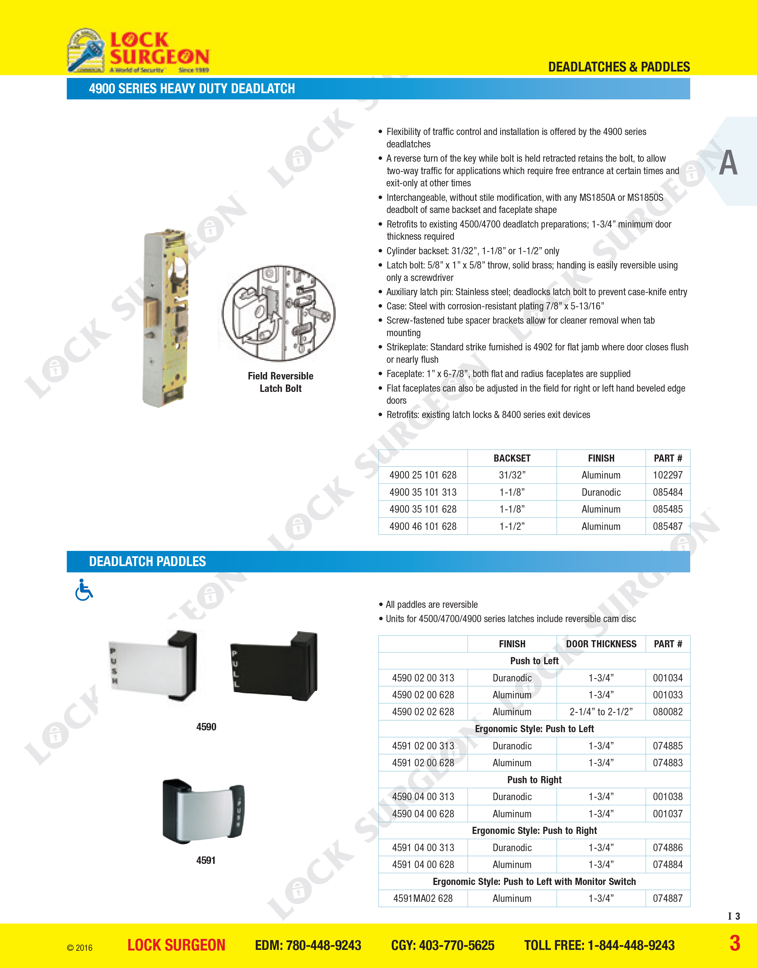 Adams Rite 4900 Series heavy duty deadlatch & paddles installed by Lock Surgeon Edmonton South.