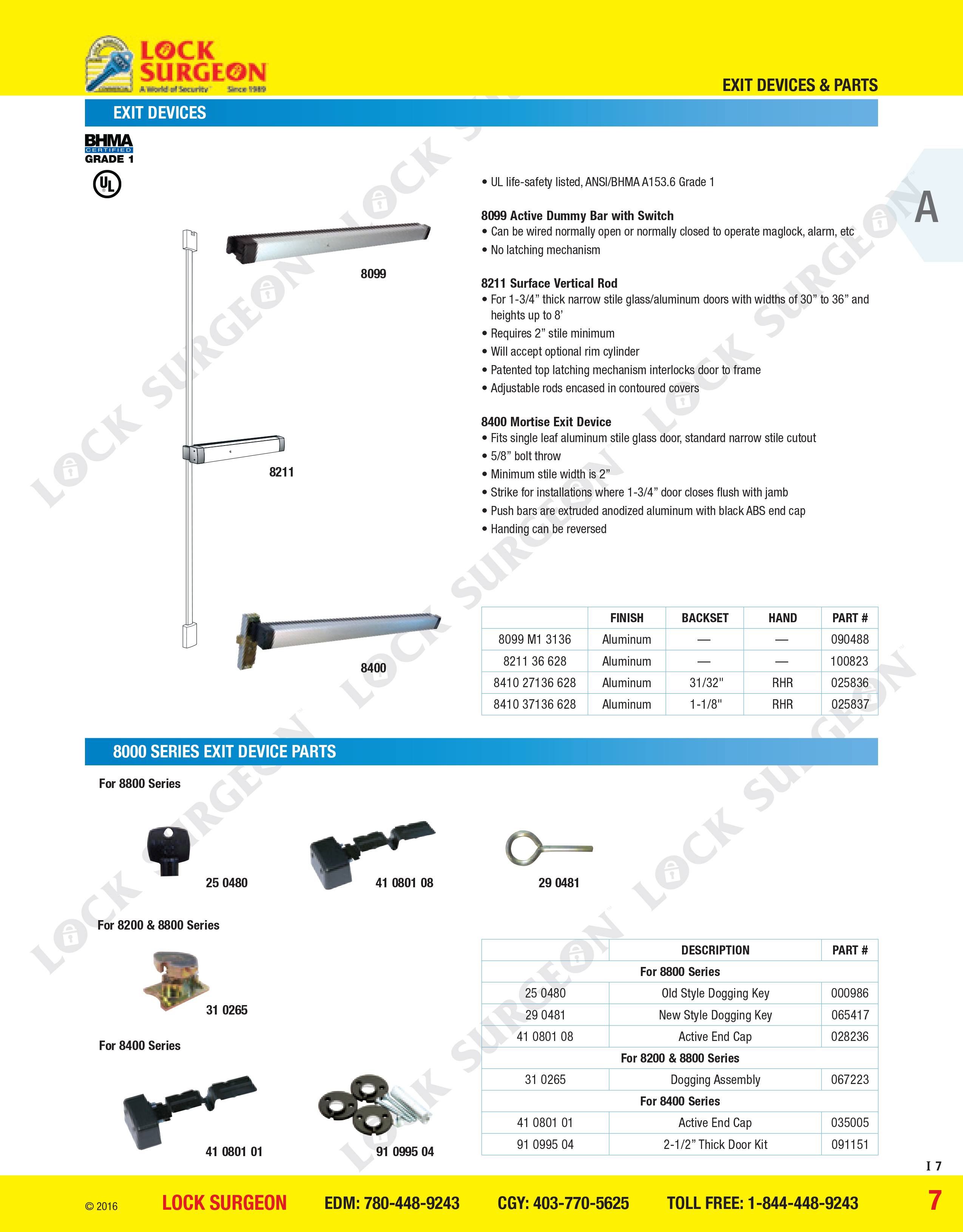 Adams Rite Exit devices & 8000 Series exit device parts, panic bar parts Lock Surgeon Edmonton South.