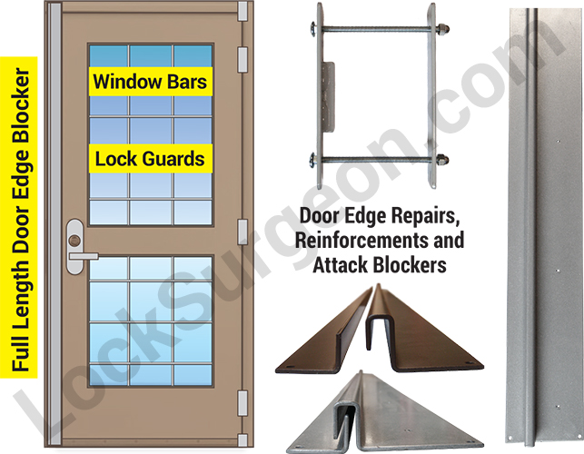 Storefront & warehouse door window bar edge blocker hardware supplied & installed by Lock Surgeon.