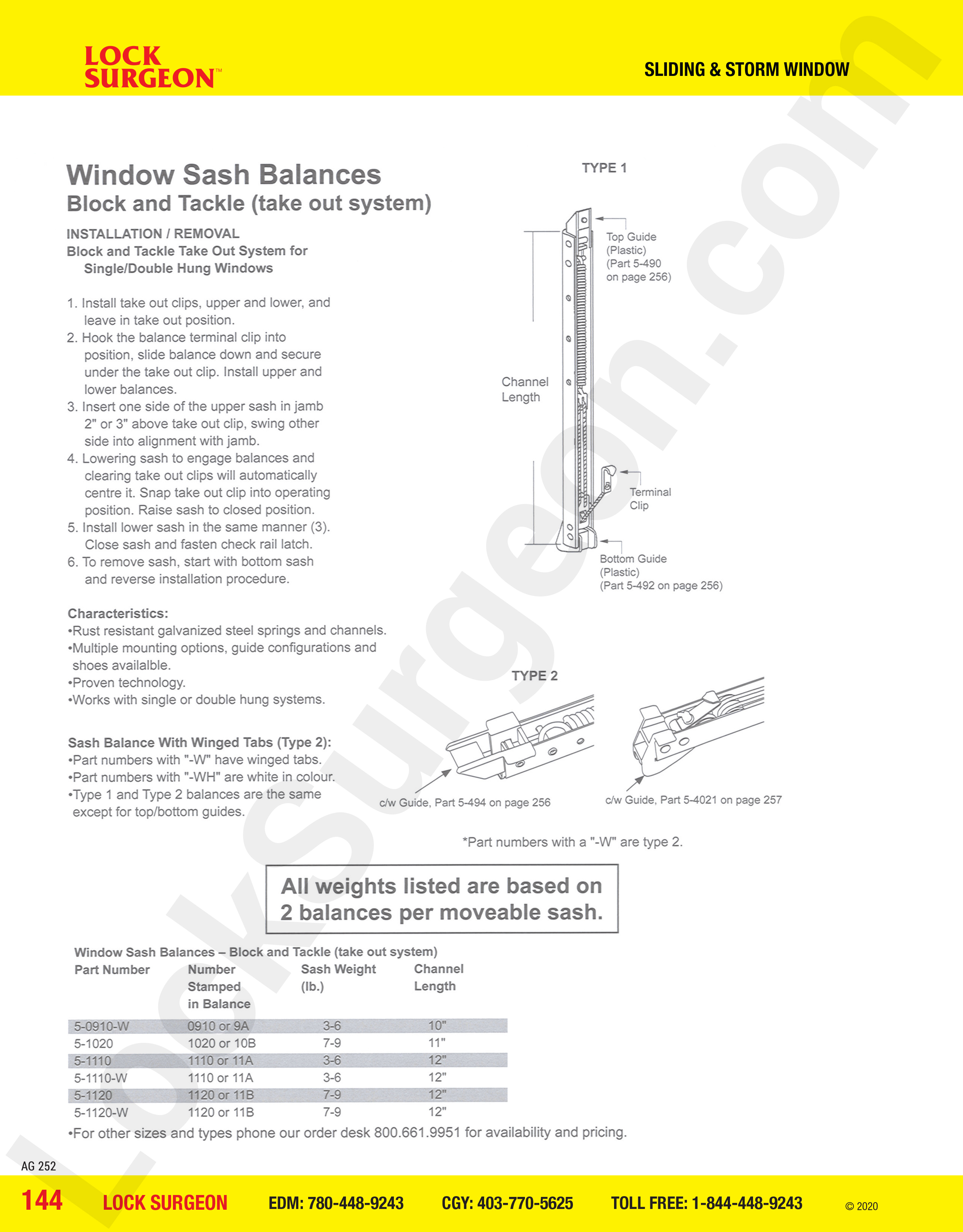 Block & tackle, single/double hung windows, rust resistant galvanized steel springs and channels