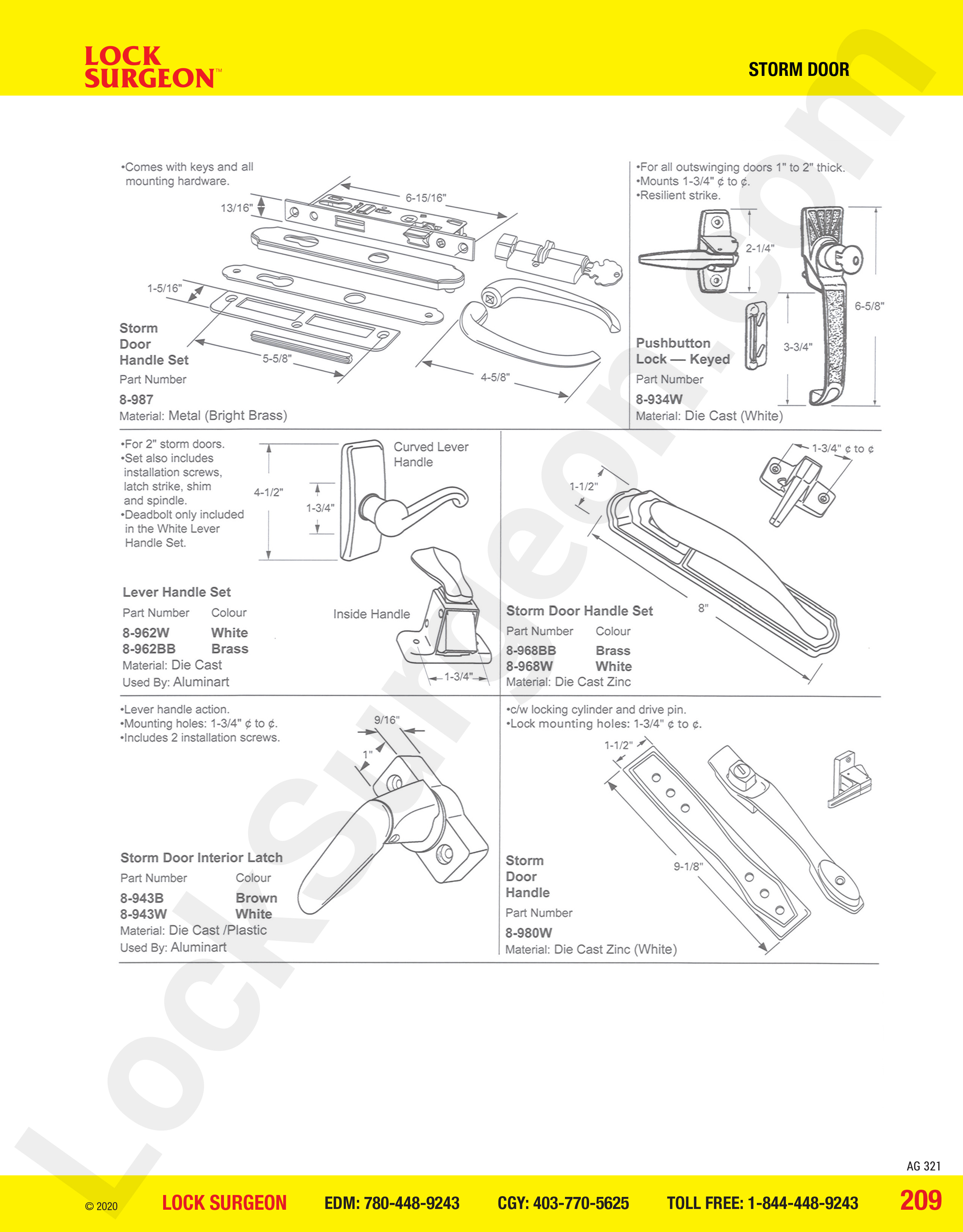 storm door handle set - metal push button lock - keyed, Aluminart lever handle set, storm handle set