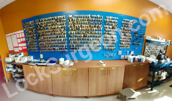 Lock Surgeon Edmonton service counter stocked with 1000's of keys including Mazda automotive.