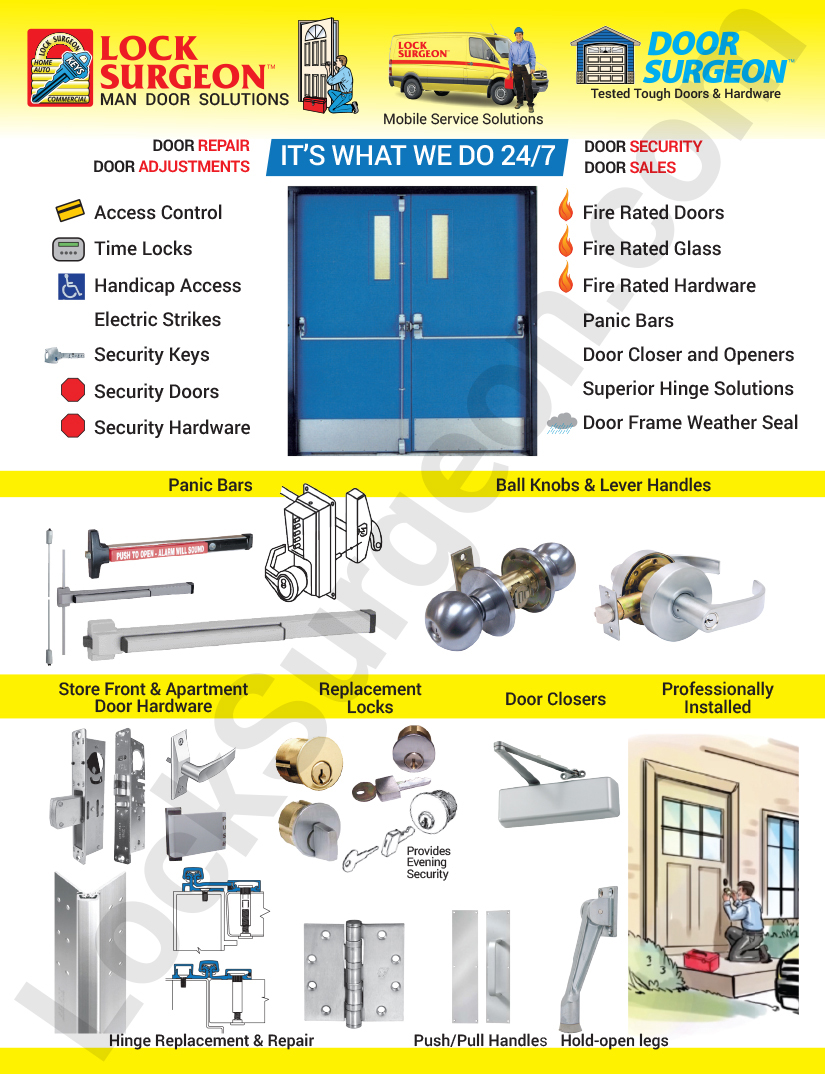 Lock Surgeon edmonton service centre catalogue for new steel doors & replacment installation parts.