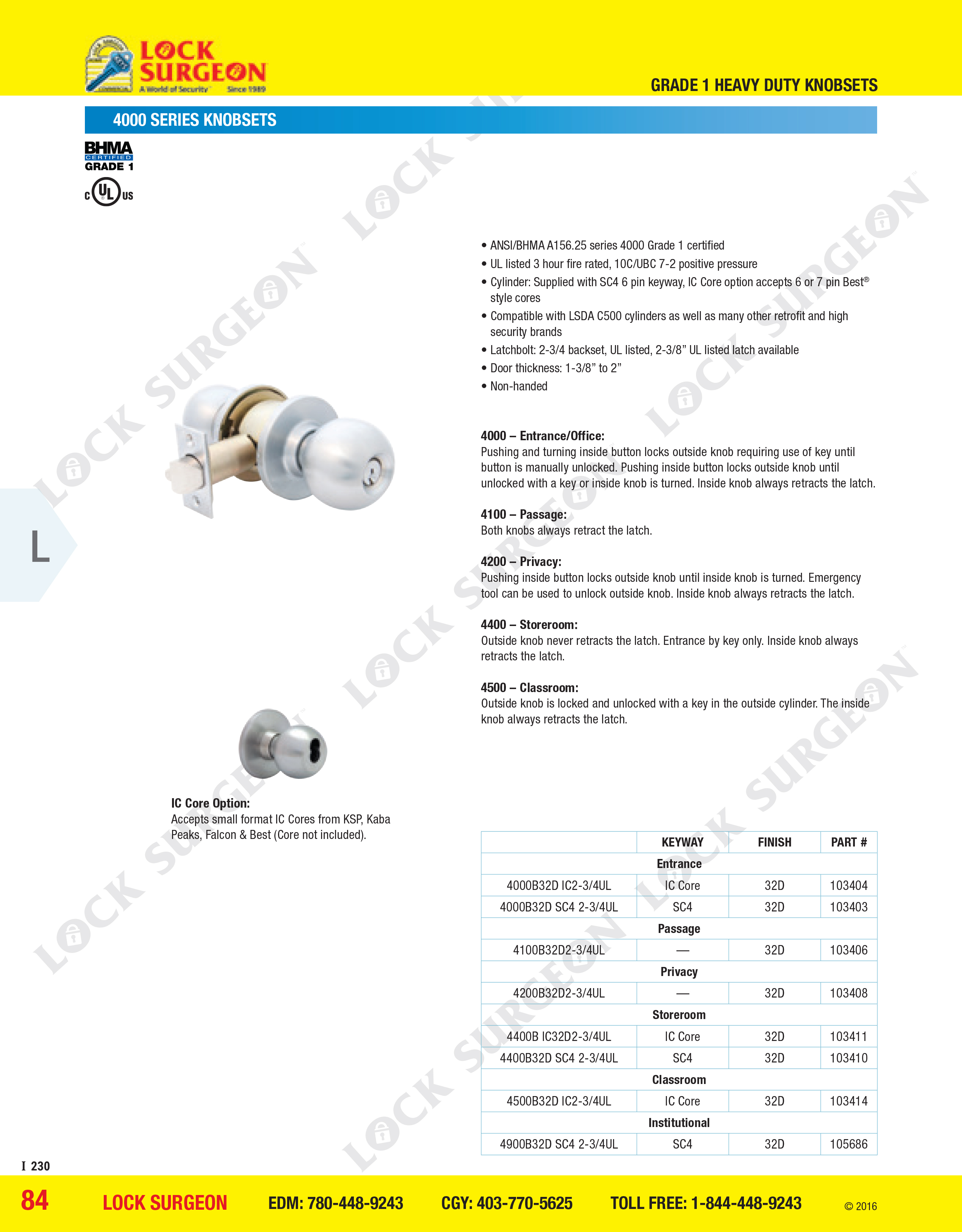Grade 1 heavy duty commercial knob-set built to withstand high use areas, often used in schools.
