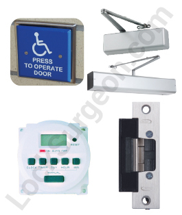 Handicap door opener button, door closers, programmable opener control with electric strike.