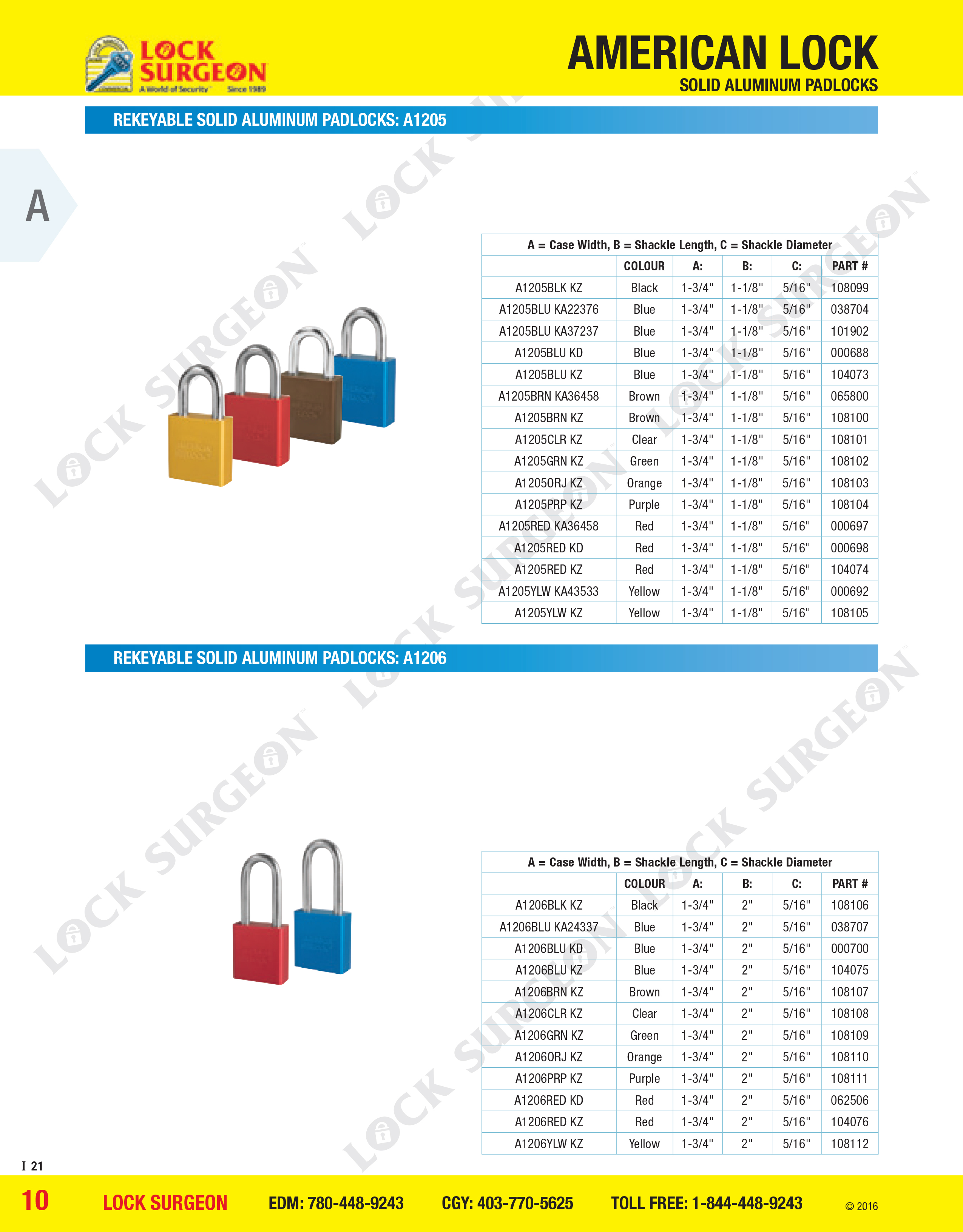 American Lock Rekeyable solid aluminium padlocks A1205 or A1206 series