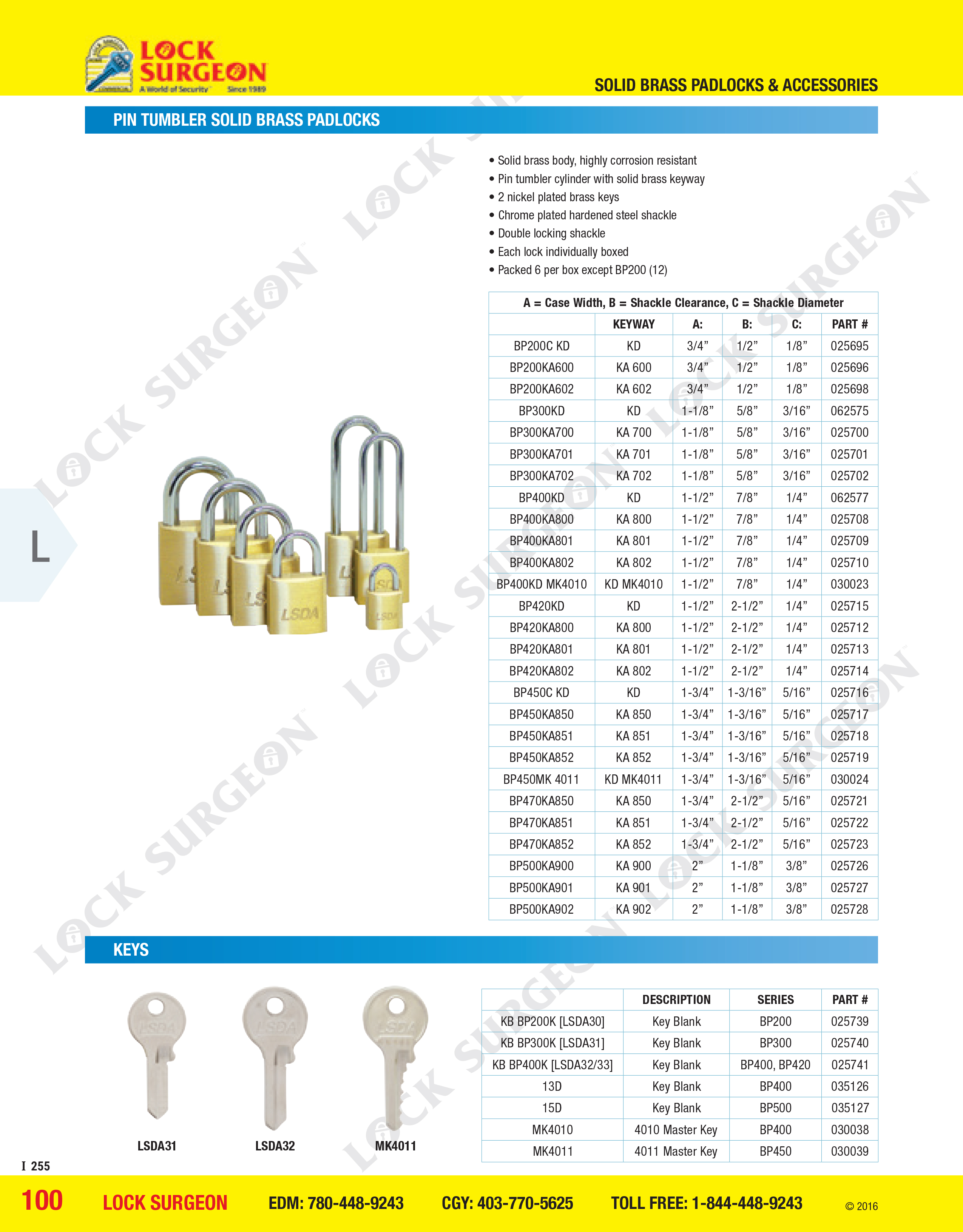 Pin tumbler solid brass padlocks and keys