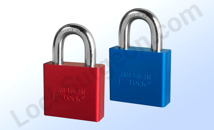 Series A1305 American Lock padlocks two inch case width come in blue and red.