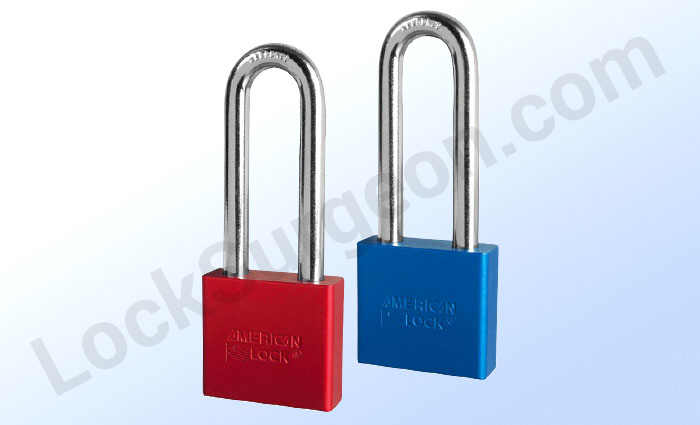 American Lock series A1307 padlock with three inch shackle comes in red and blue colours.