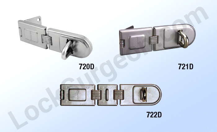 Master Lock high security hinged hasps hardened steel body & boron staples for added strength.