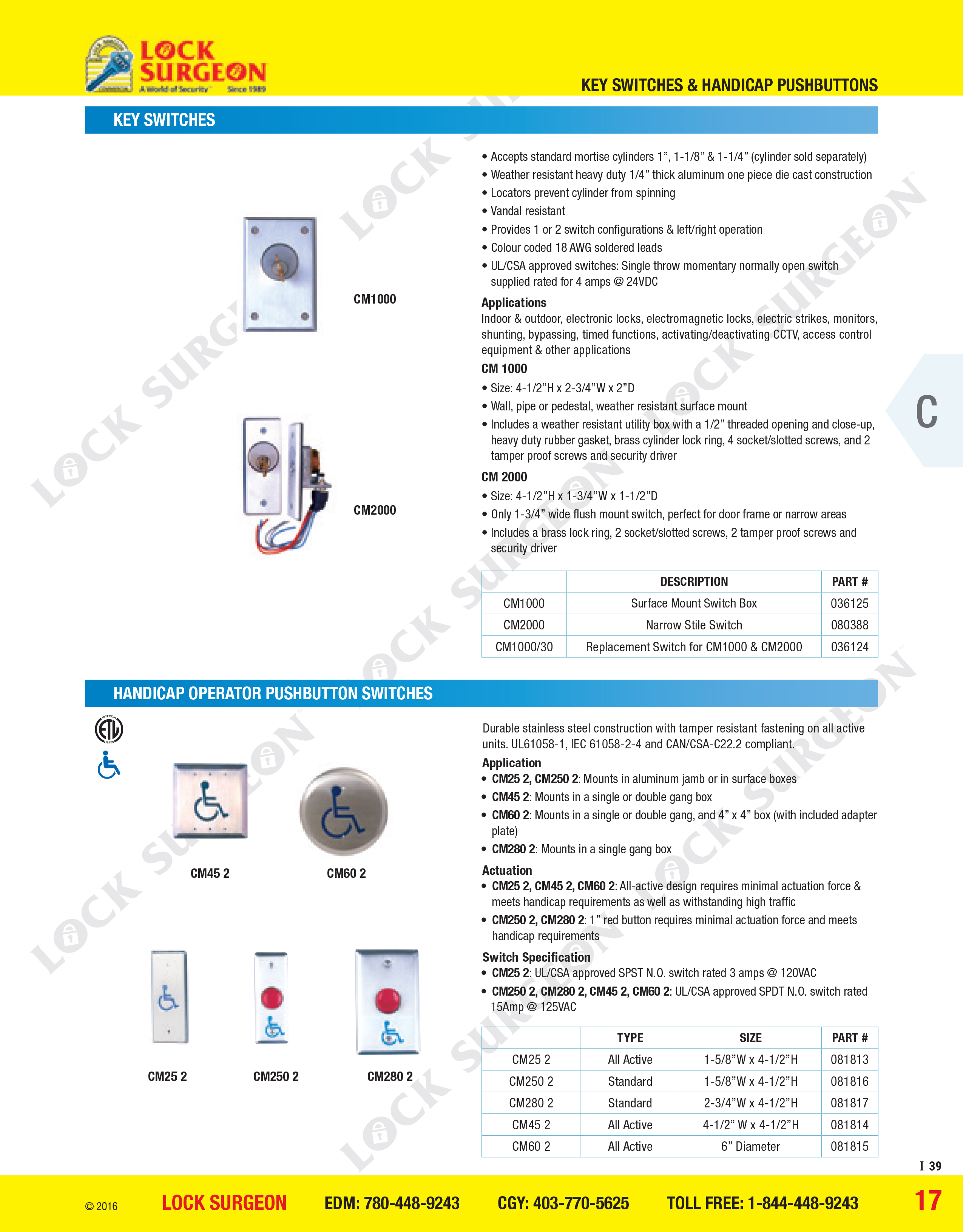 Camden Door Controls Key switches and Handicap Operator Push-button switches.