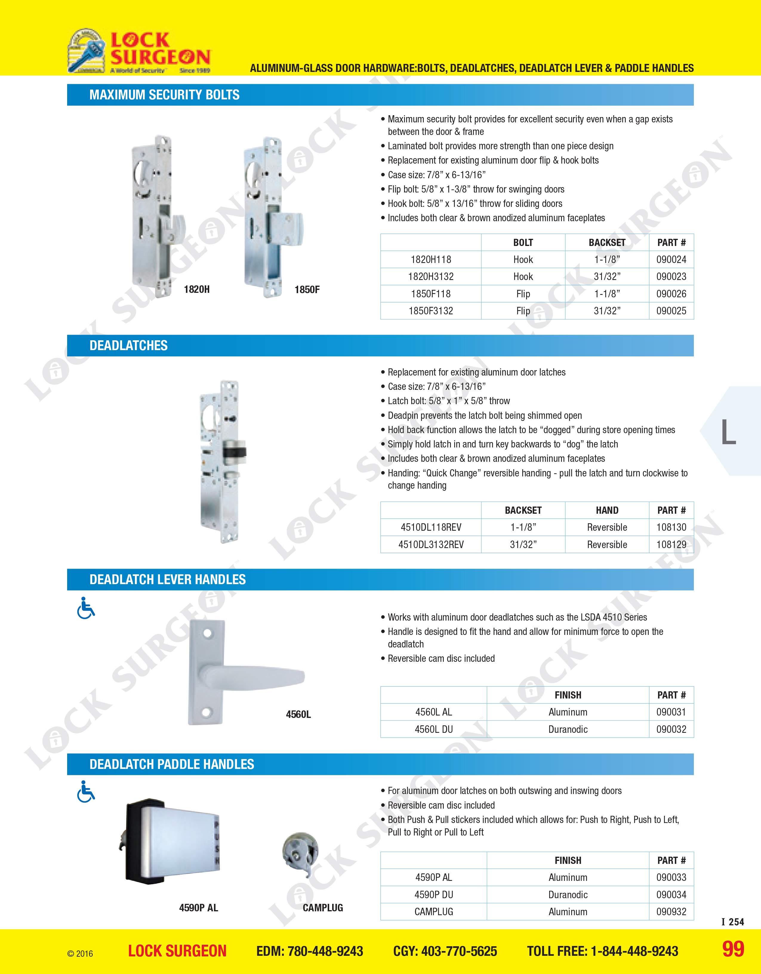LSDA Aluminium-Glass Door Replacement Hardware-bolts, Deadlatches, Deadlatch Lever Paddle Handles.