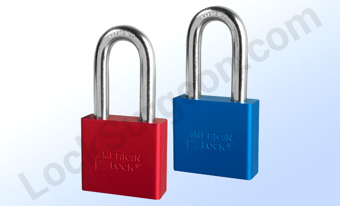 American Lock Padlock solid steel series A1306 with 2 inch shackle and 2 inch width in red or blue.