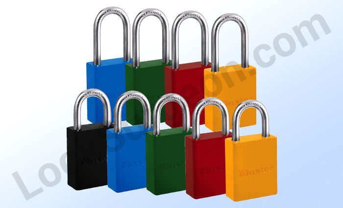 Rekeyable solid aluminum padlocks pro series by master lock in various colours for safety recognition.