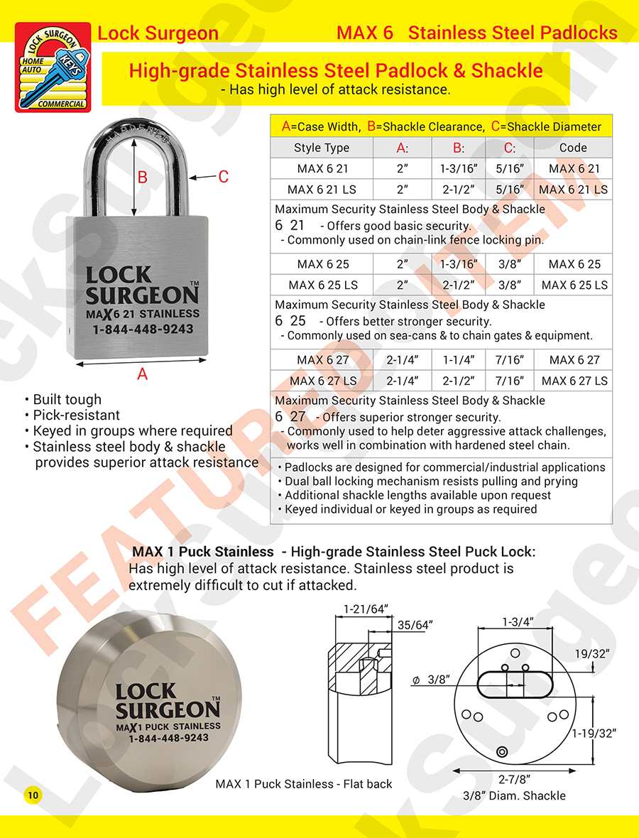 High grade stainless steel padlocks and shackles. High grade stainless steel puck locks.