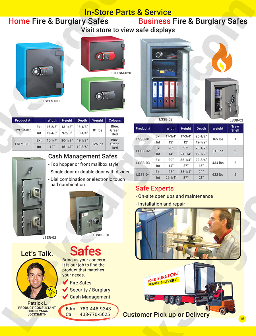 Residential home fire & burglary safes in a variety of sizes with repair & delivery safe-service.