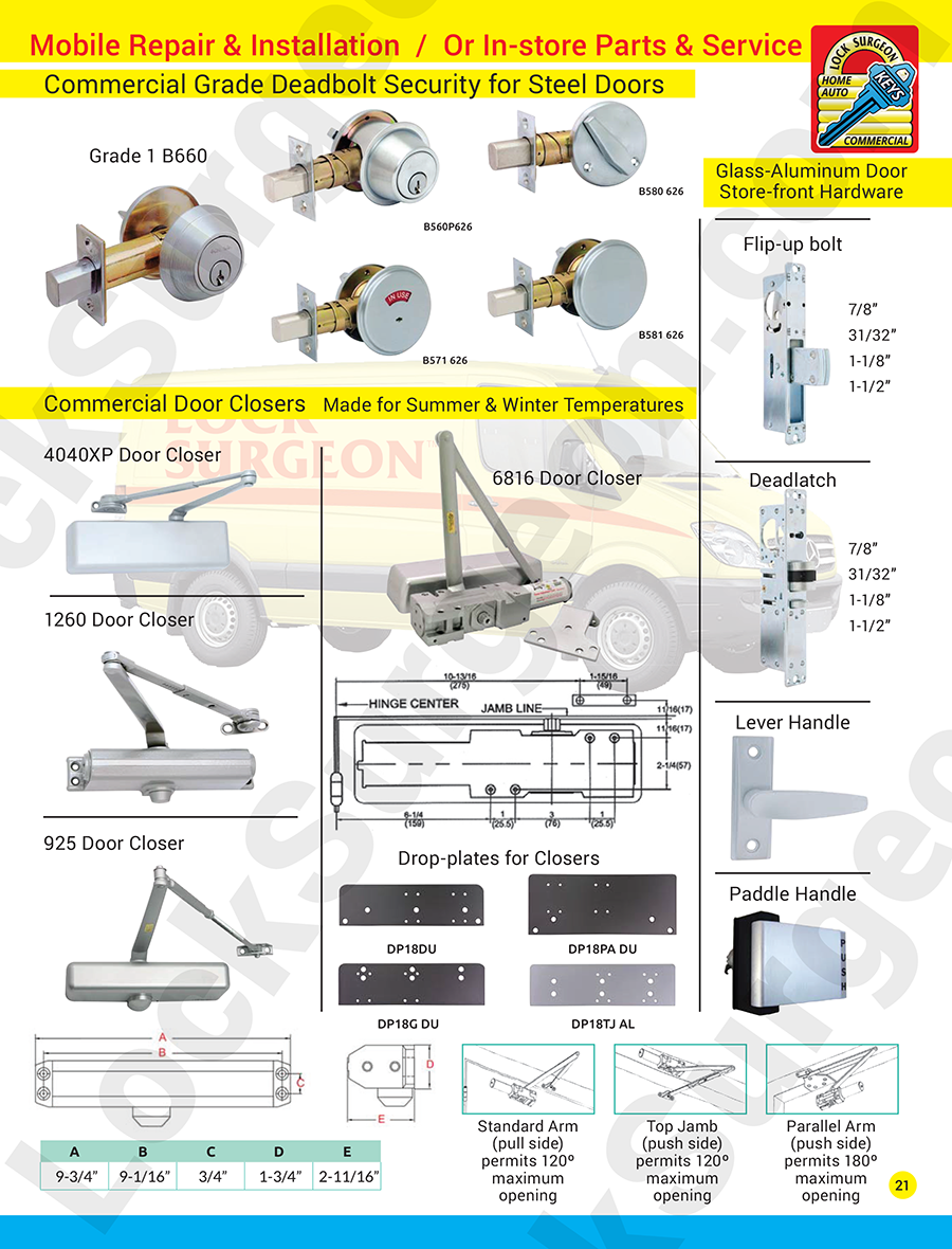 Deadbolt door closers flip-up bolts deadlatches lever handles push handles for glass aluminum doors