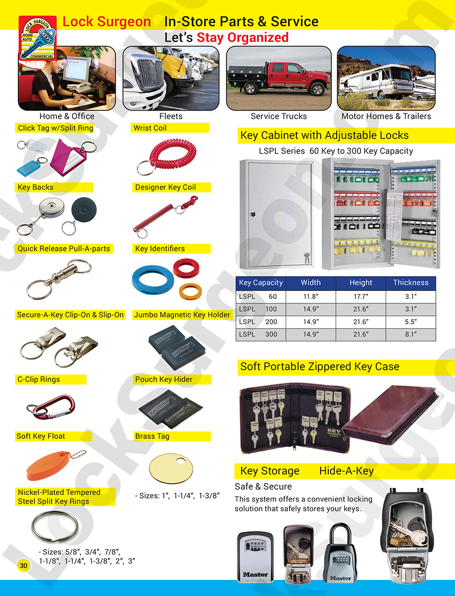 Lock Surgeon carry a variety of key organizational products click tags wrist coils key identifiers.