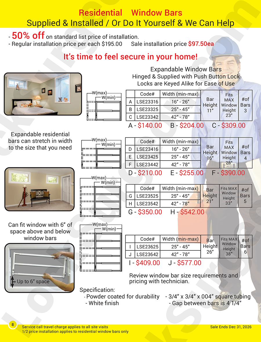 Expandable window bars for home or business window protection in custom or fixed sizes.