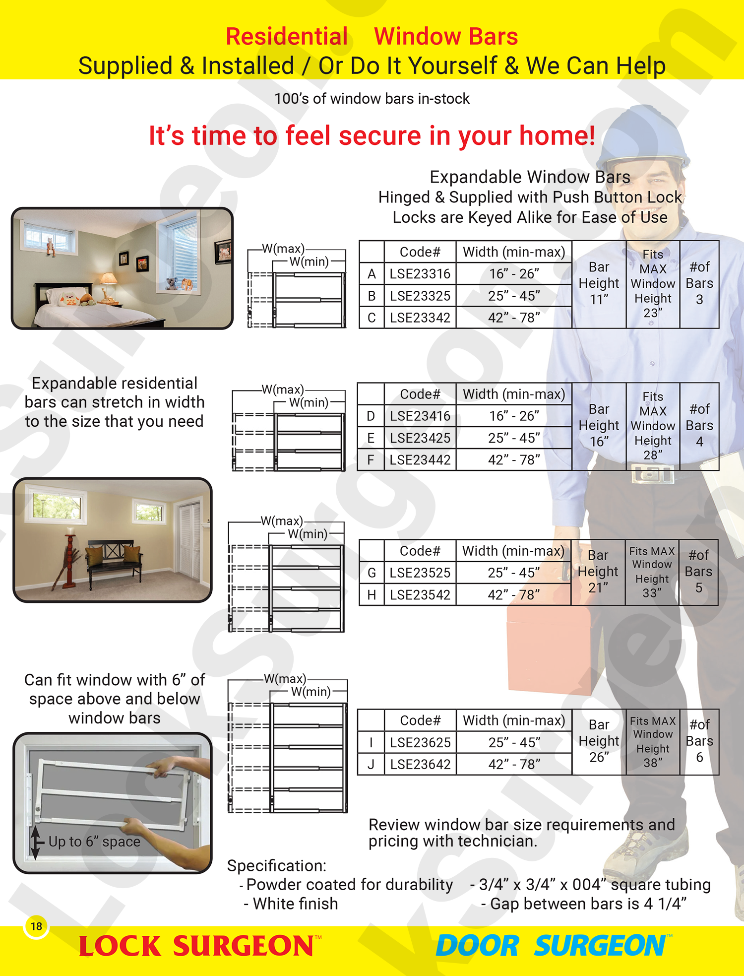 Expandable window bars for home or business window protection hinged & supplied with push-button lock.