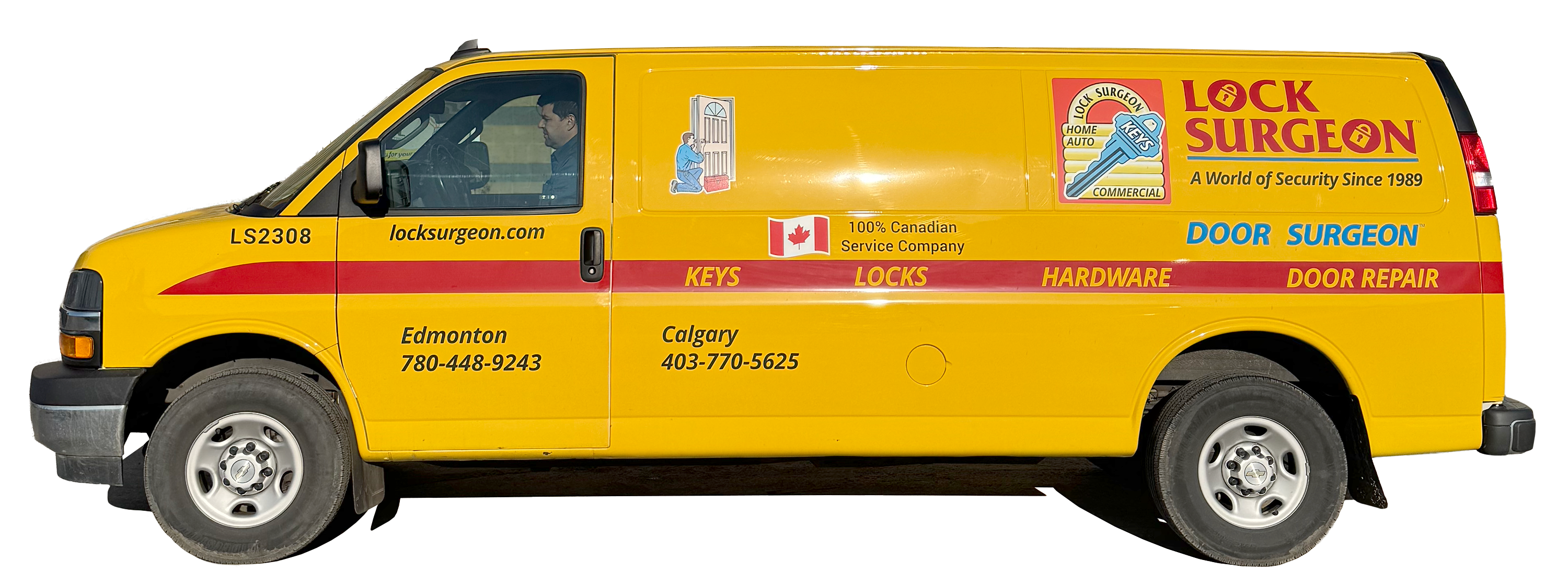 Yellow Lock Surgeon mobile locksmith & door repair service vans.