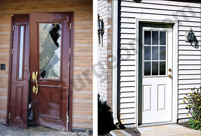 forced entry break-in enter door repair residential home door frame.